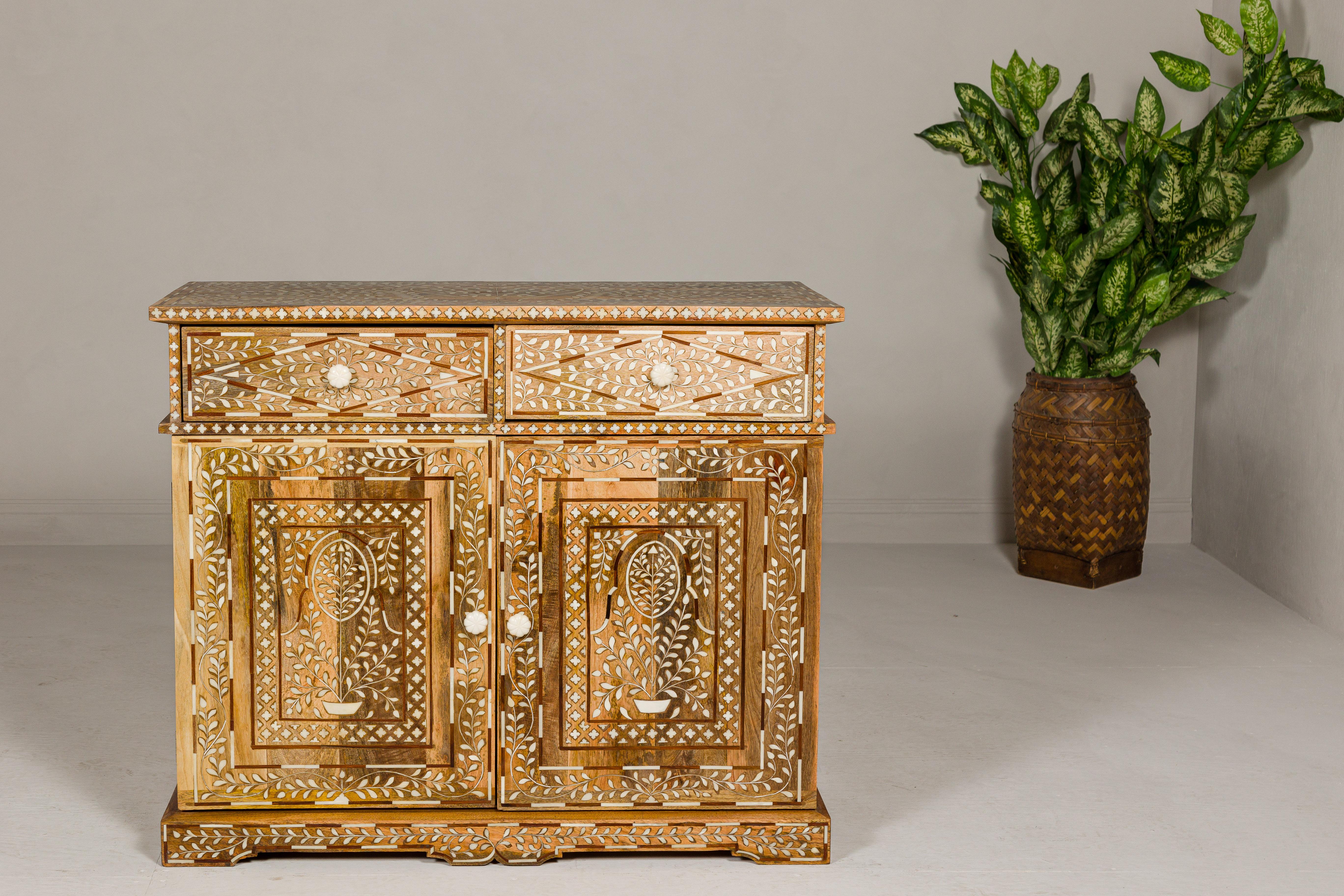Carved Anglo-Indian Style Mango Wood and Bone Inlay Two-Drawer over Two Door Buffet For Sale