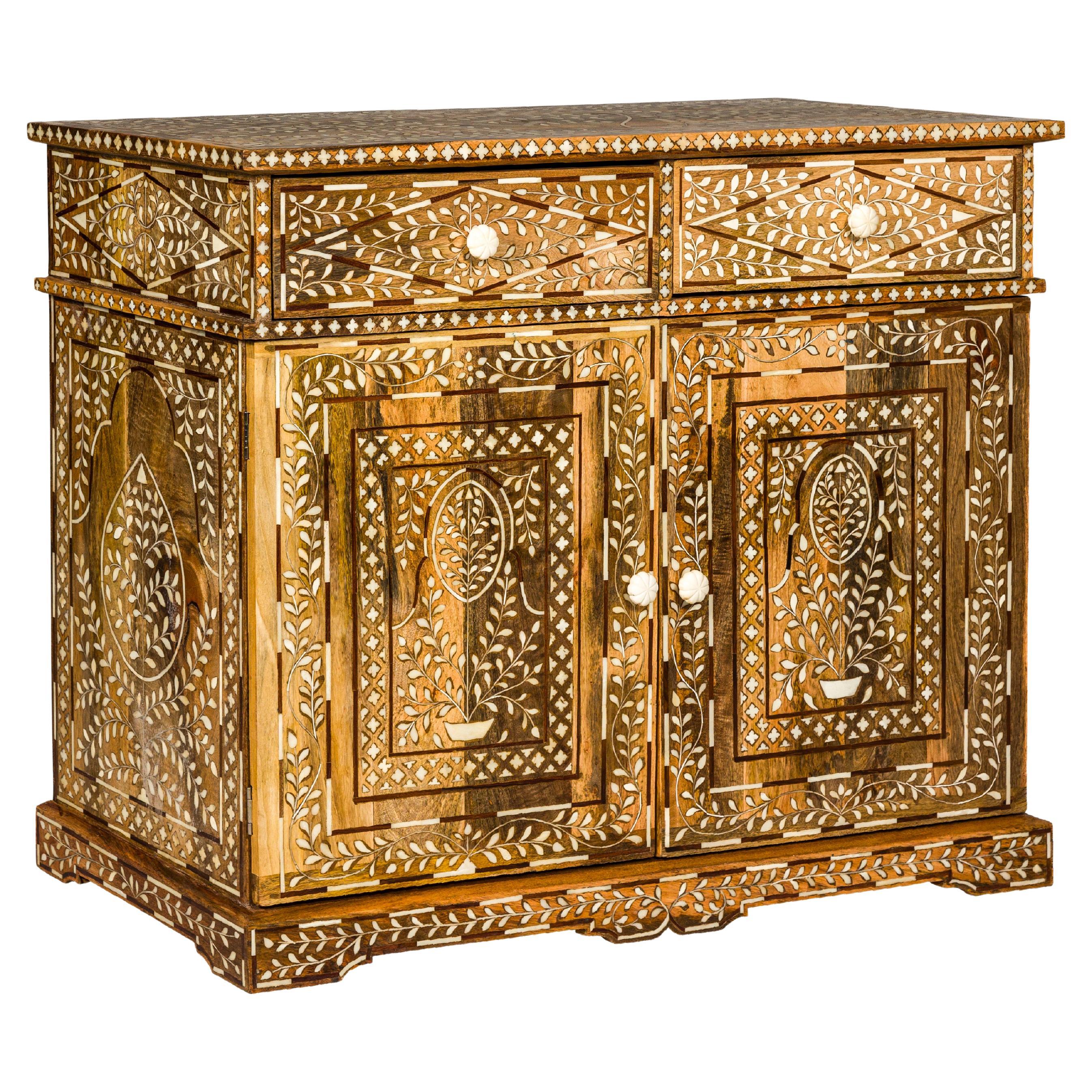 Anglo-Indian Style Mango Wood and Bone Inlay Two-Drawer over Two Door Buffet For Sale
