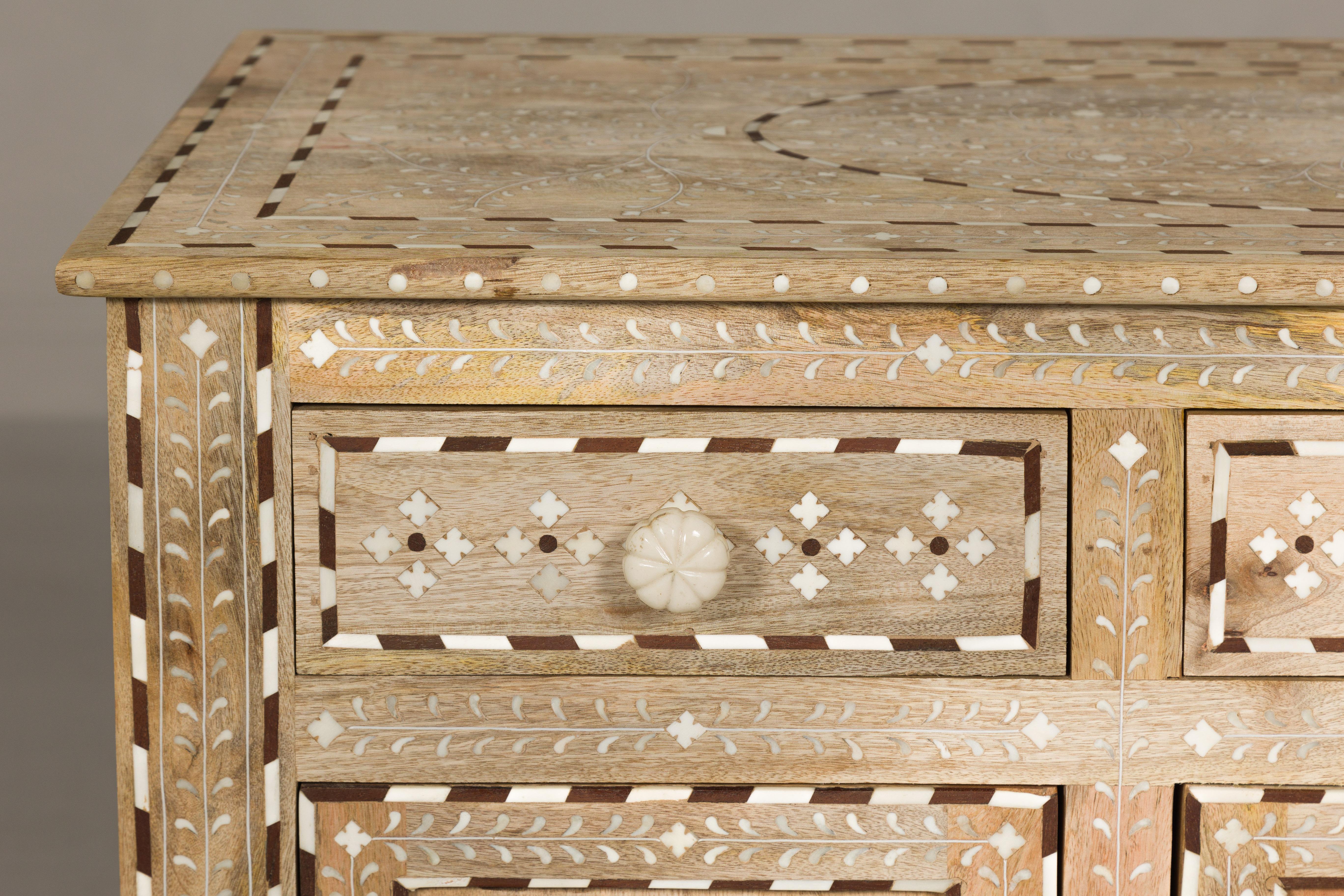 Anglo-Indian Style Mango Wood Buffet with Geometric Bone Inlay For Sale 3