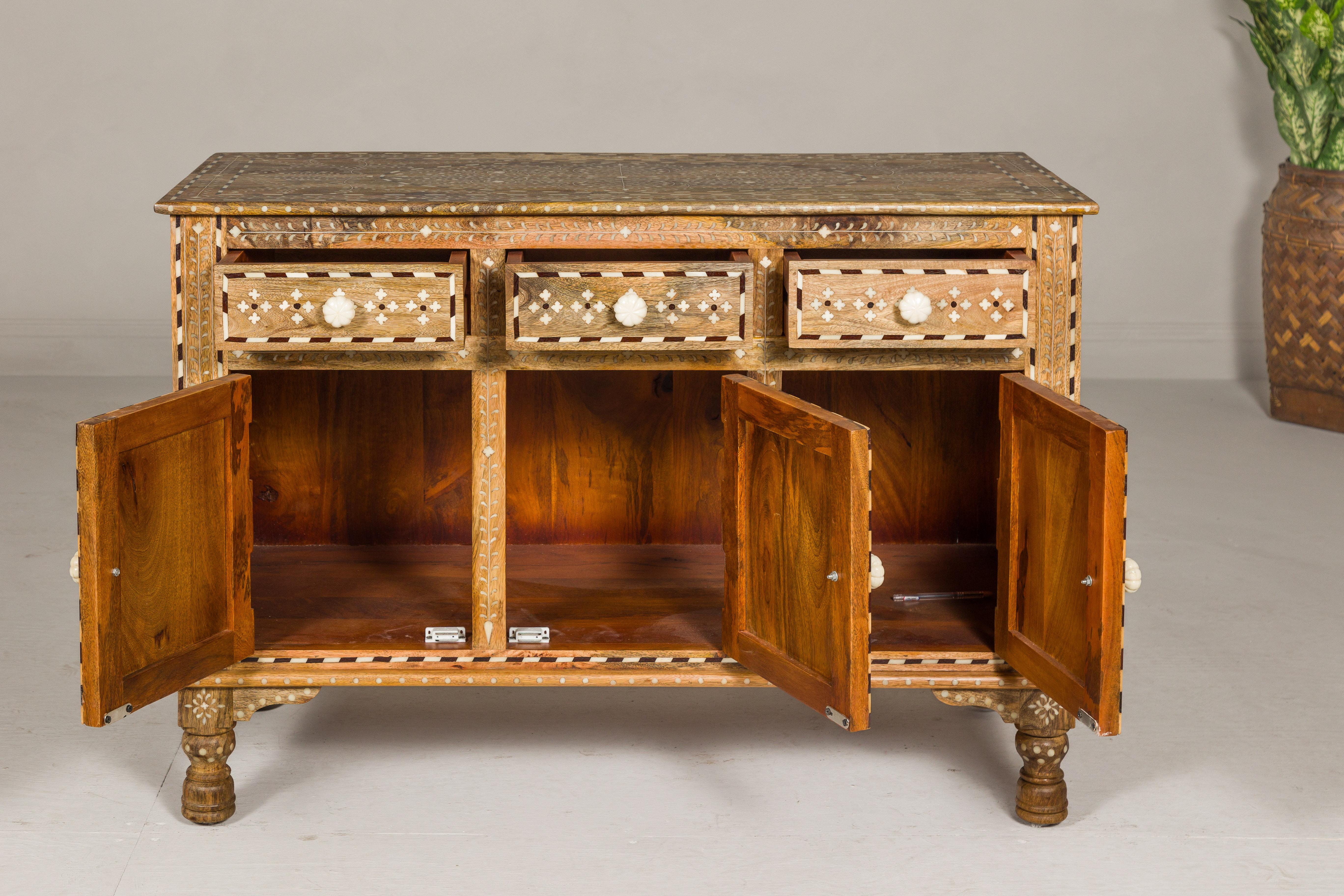 Anglo-Indian Style Mango Wood Buffet with Geometric Bone Inlay For Sale 8
