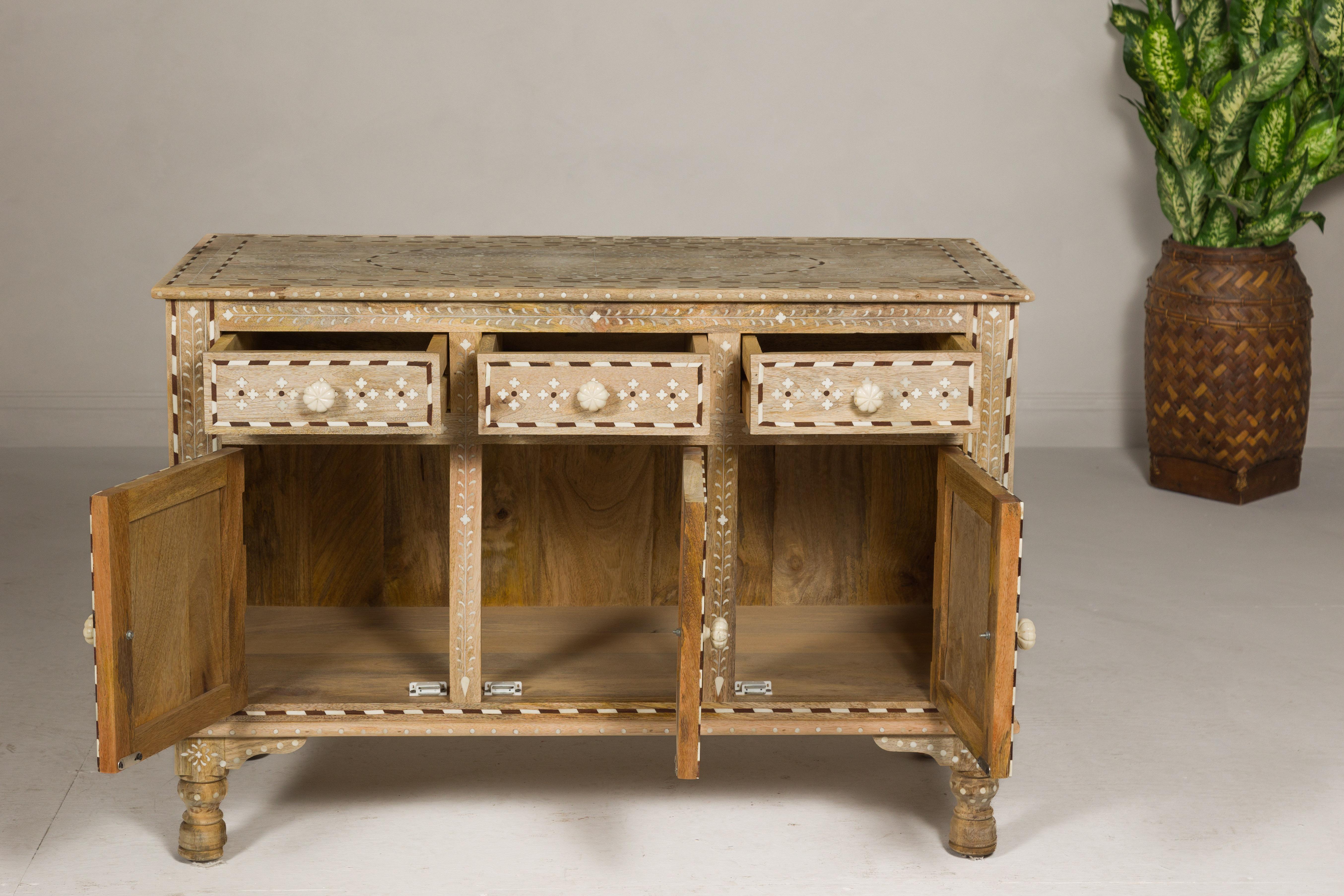 Anglo-Indian Style Mango Wood Buffet with Geometric Bone Inlay For Sale 6