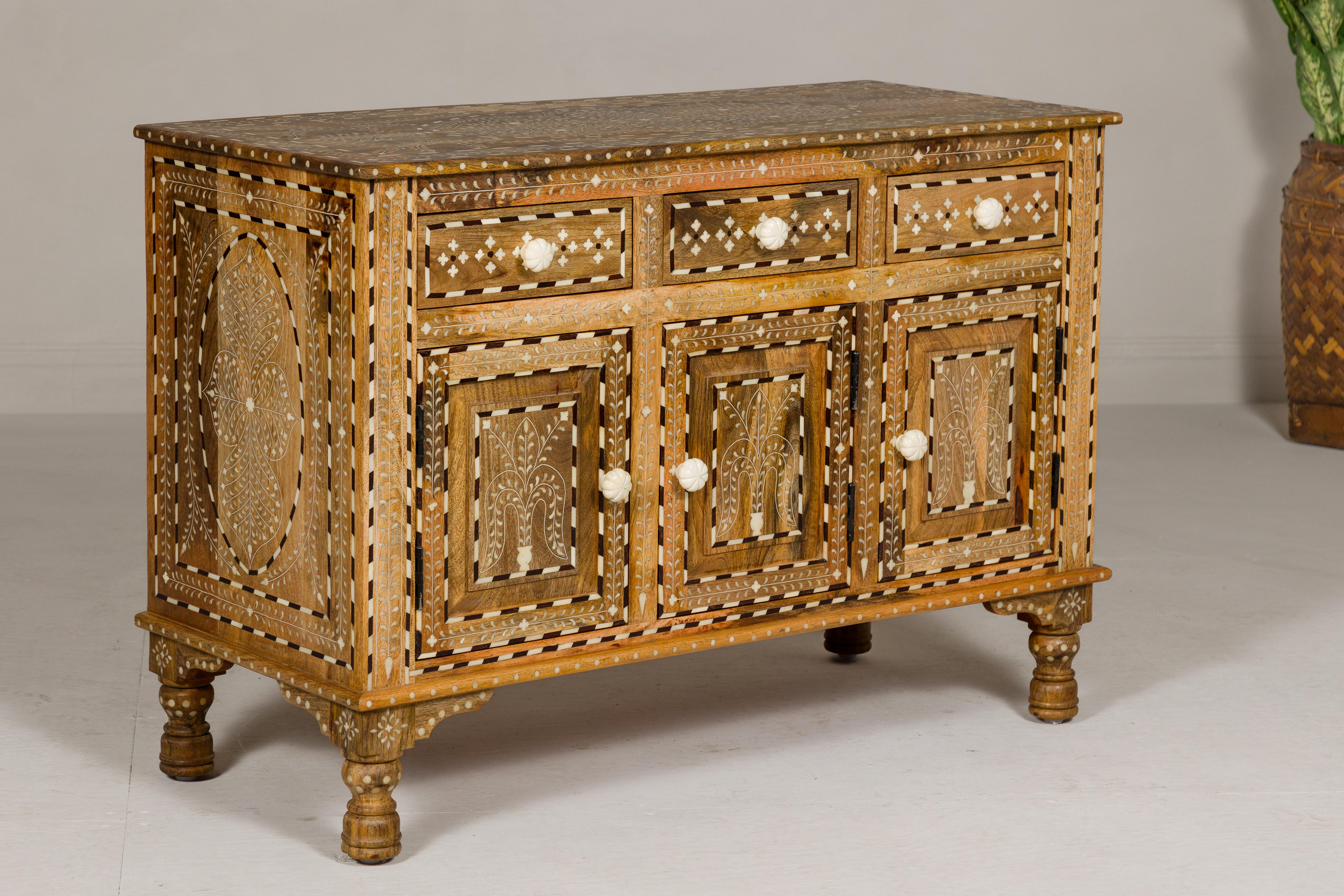 Anglo-Indian Style Mango Wood Buffet with Geometric Bone Inlay For Sale 9