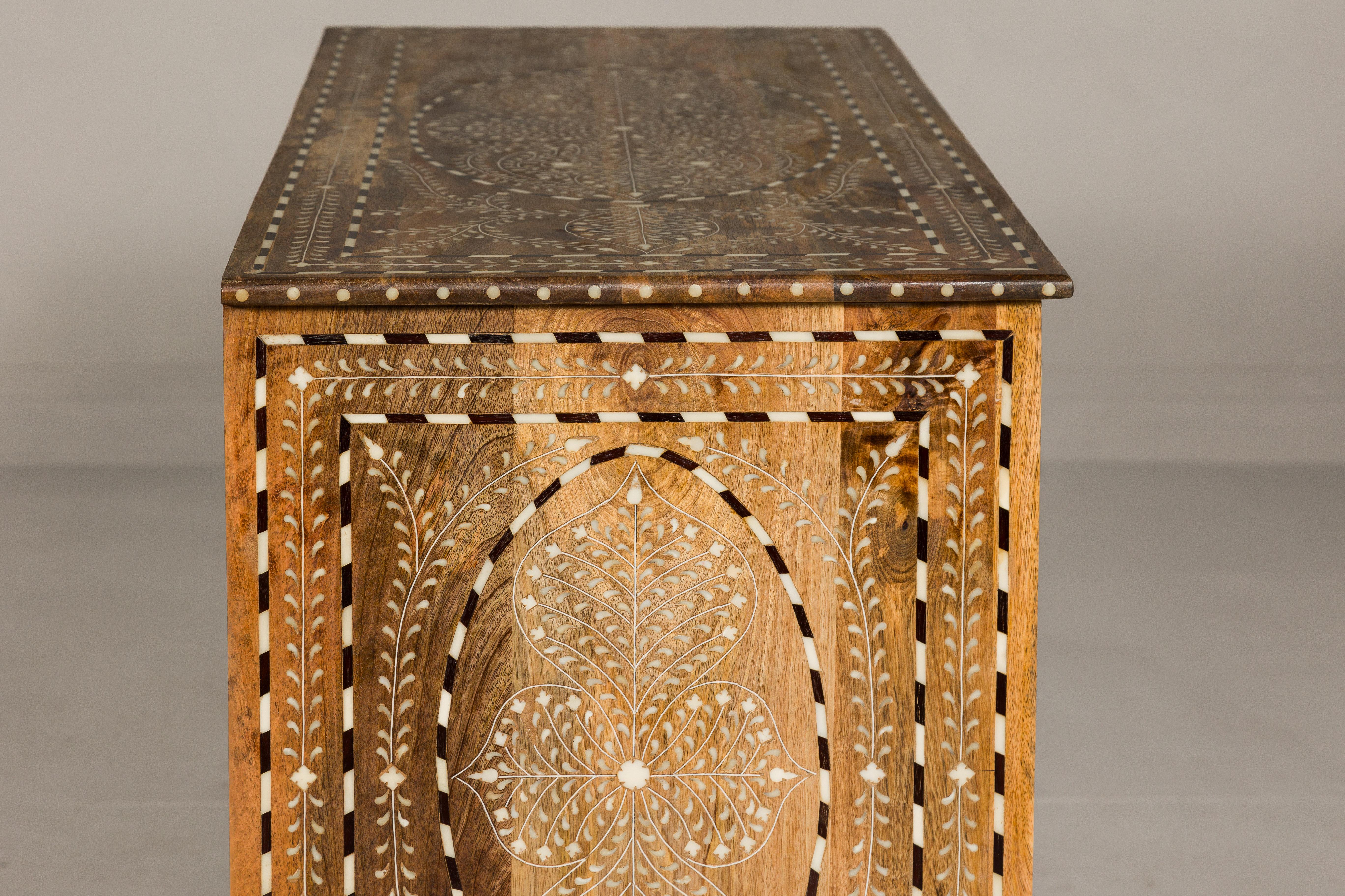 Anglo-Indian Style Mango Wood Buffet with Geometric Bone Inlay For Sale 11
