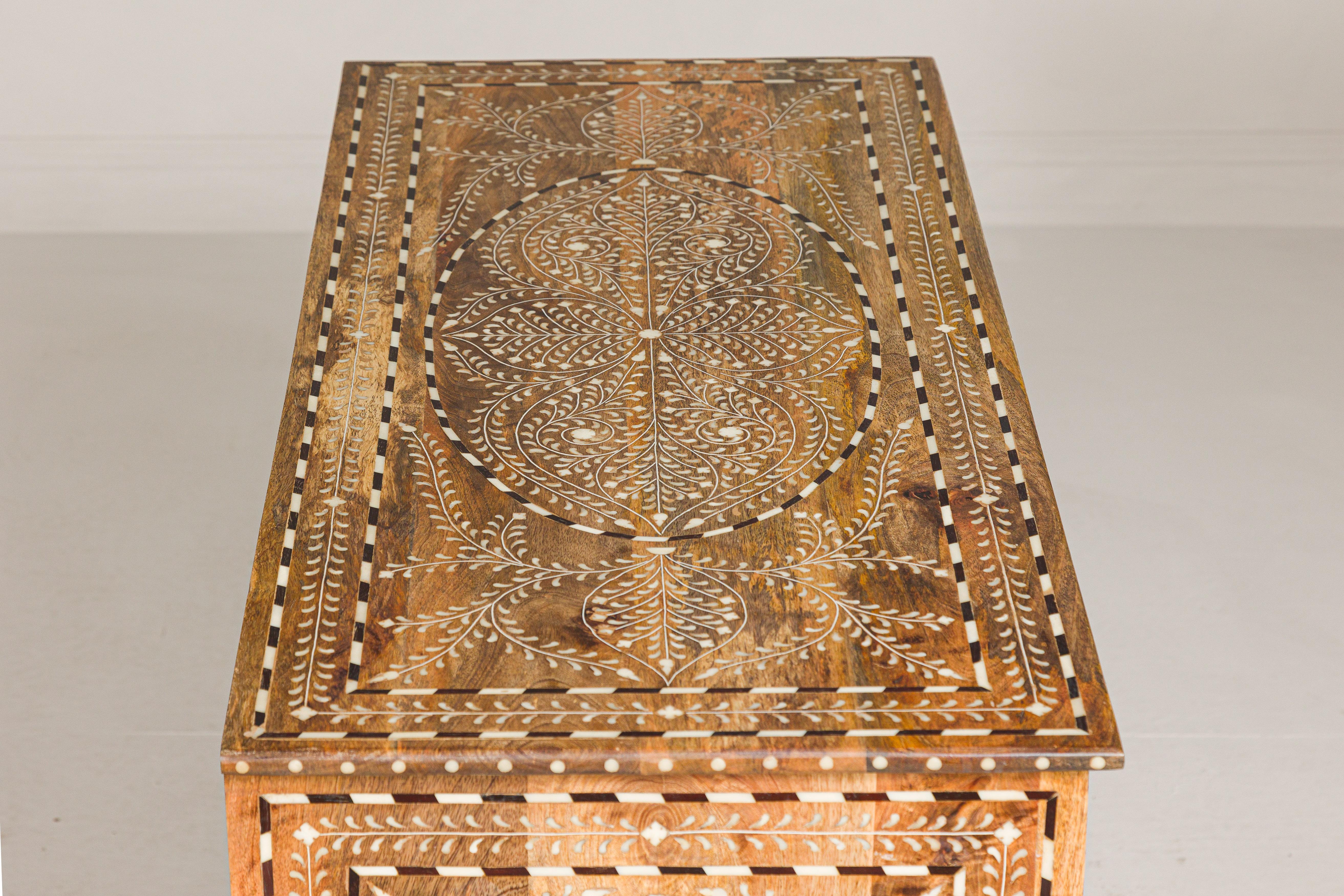 Anglo-Indian Style Mango Wood Buffet with Geometric Bone Inlay For Sale 14