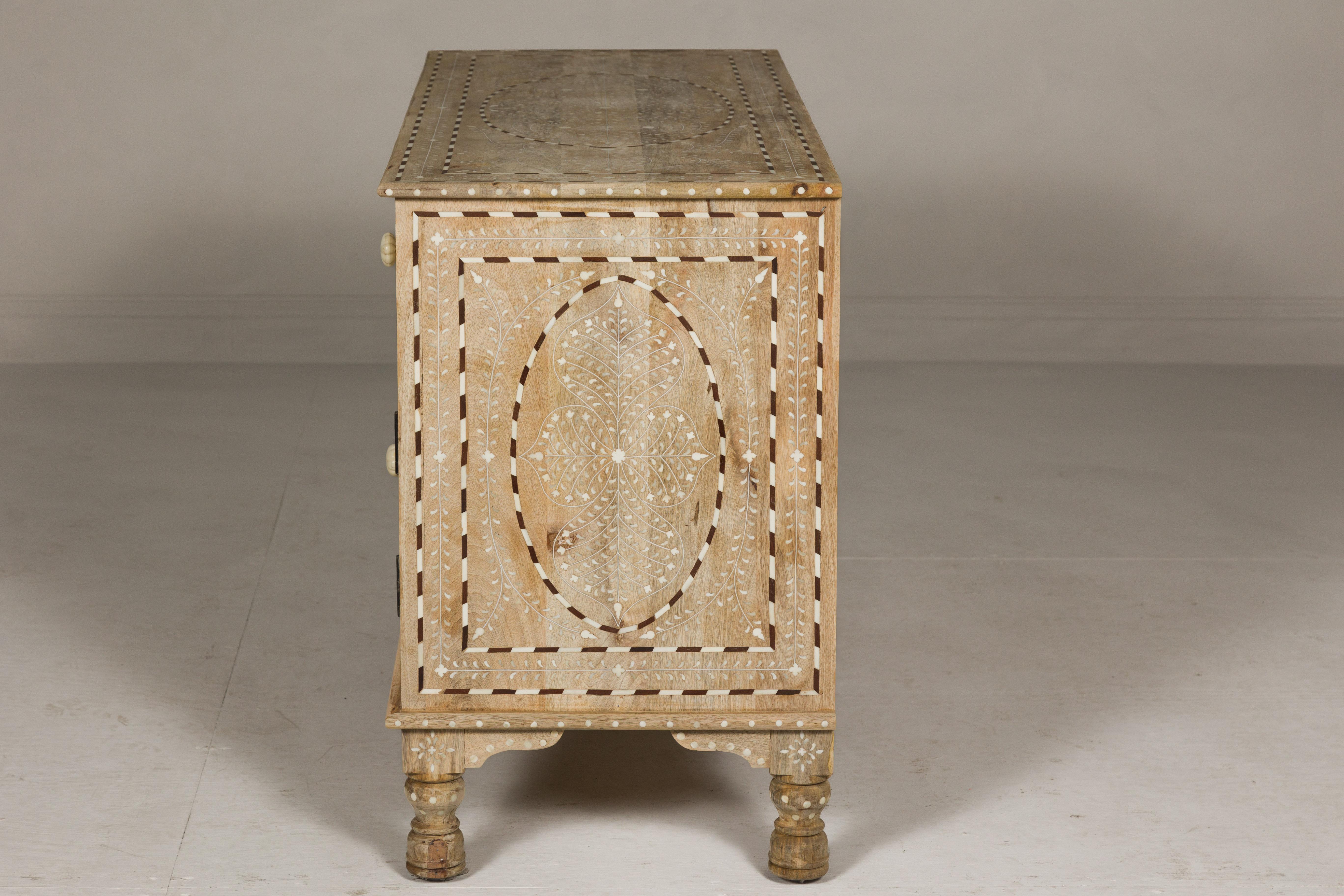 Anglo-Indian Style Mango Wood Buffet with Geometric Bone Inlay For Sale 13