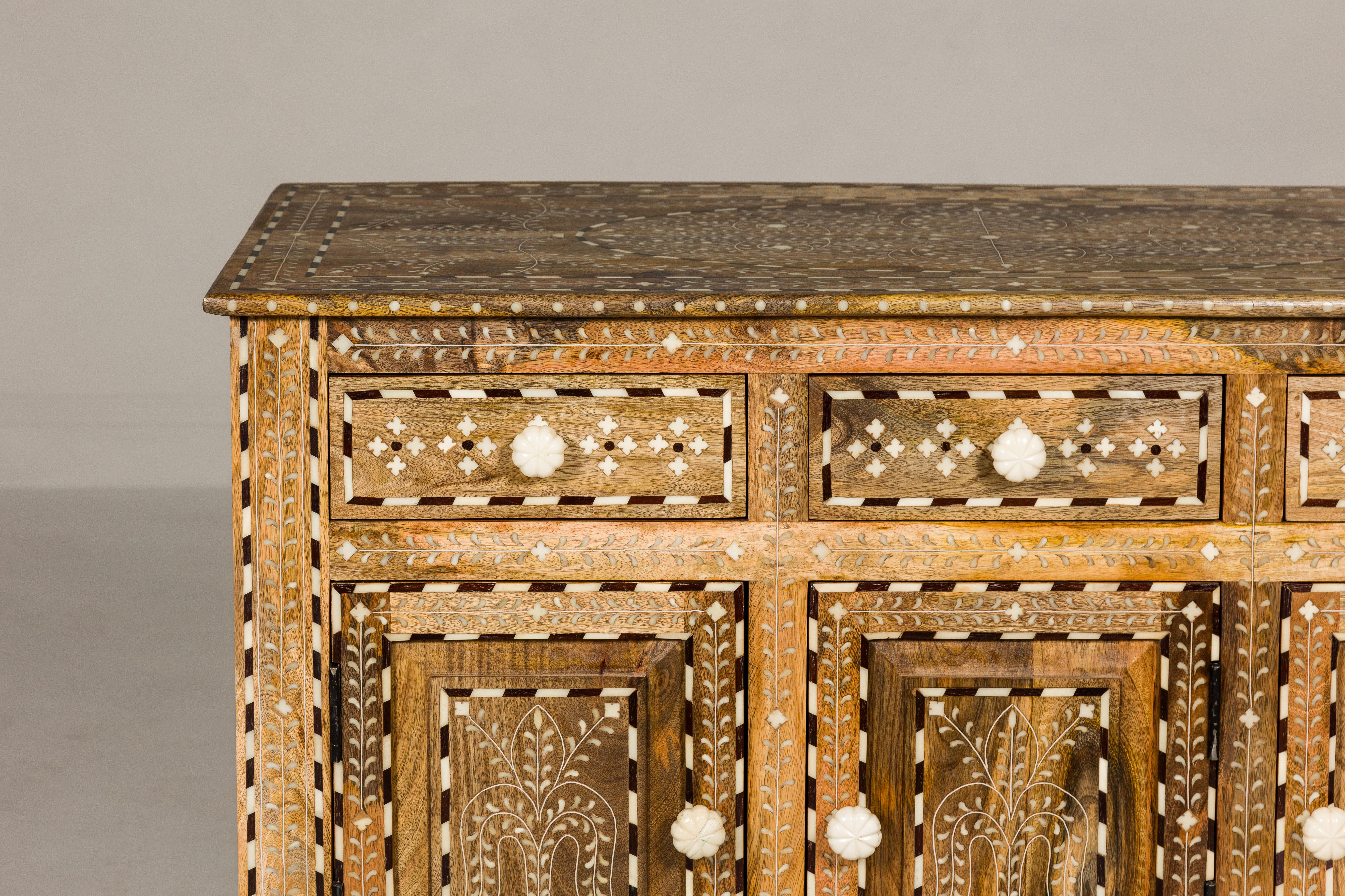 Contemporary Anglo-Indian Style Mango Wood Buffet with Geometric Bone Inlay For Sale