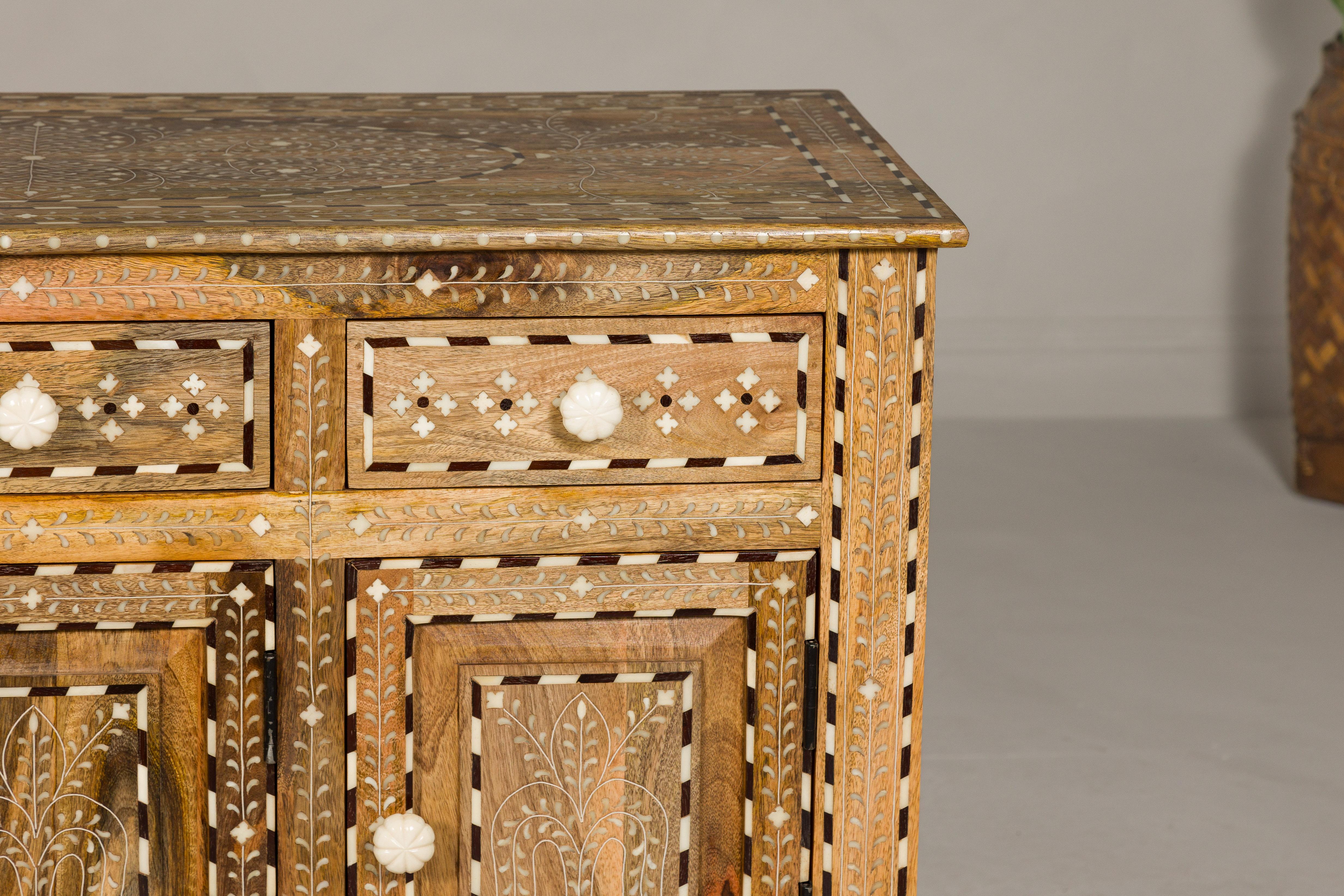 Anglo-Indian Style Mango Wood Buffet with Geometric Bone Inlay For Sale 1