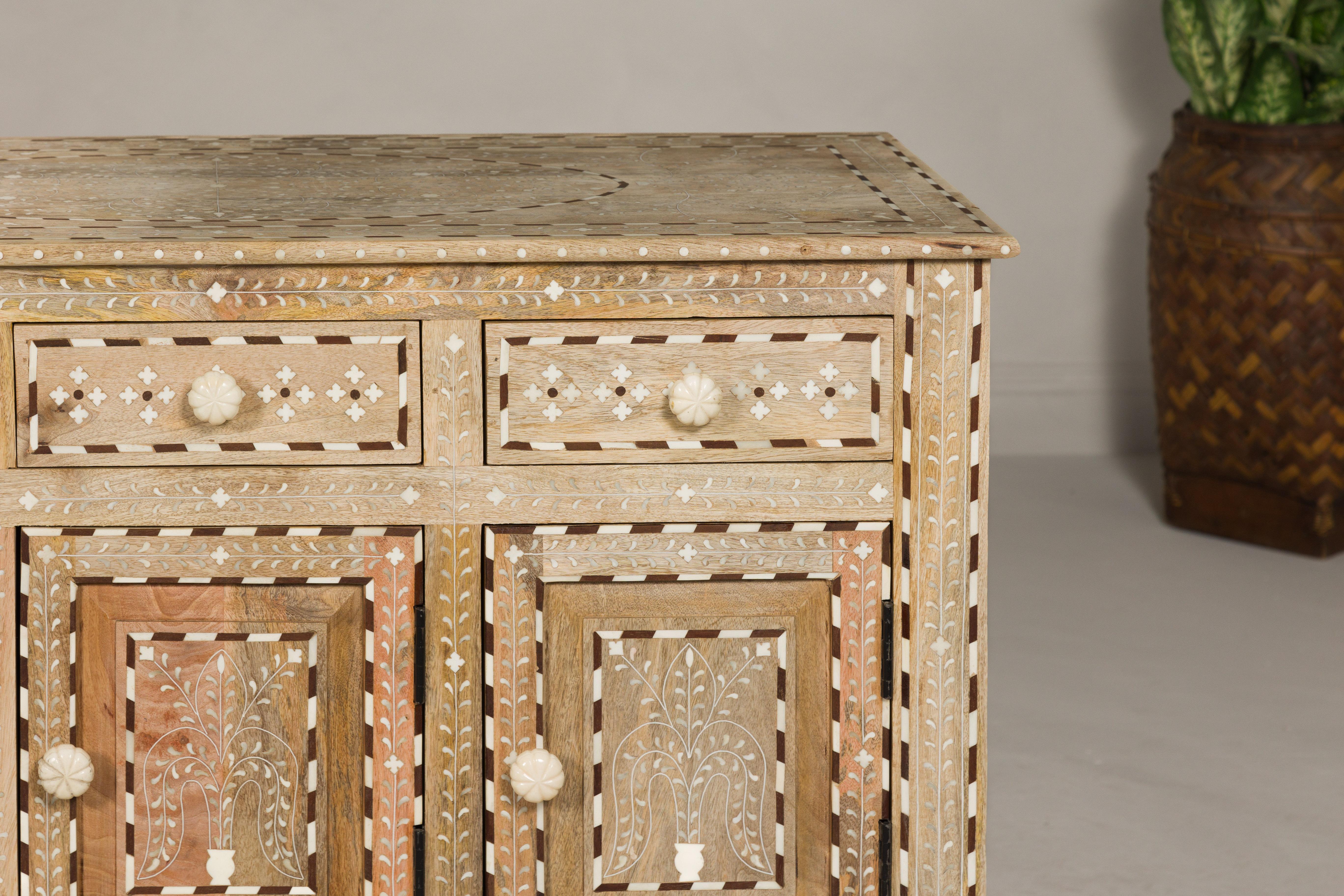 Anglo-Indian Style Mango Wood Buffet with Geometric Bone Inlay In Excellent Condition For Sale In Yonkers, NY