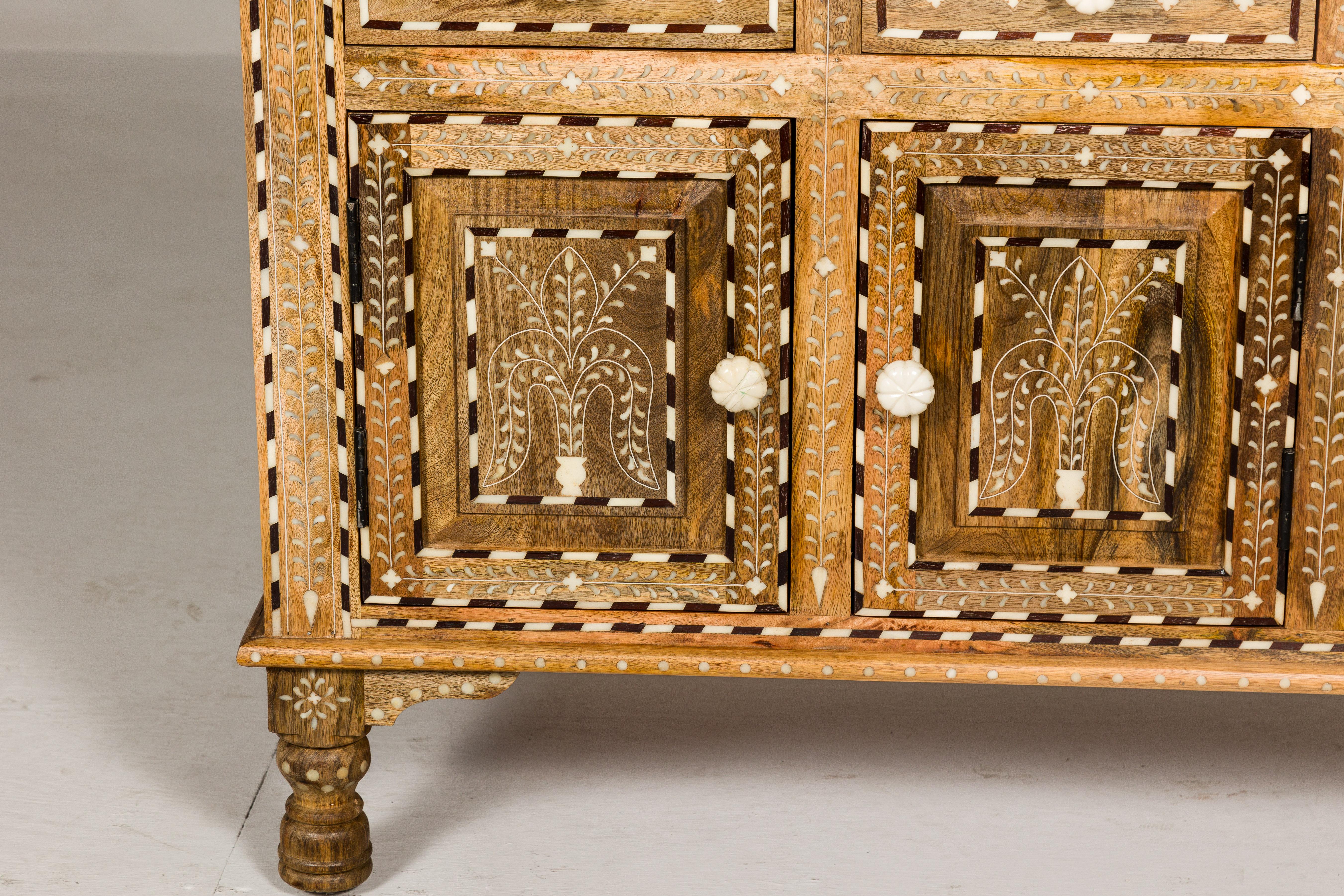 Anglo-Indian Style Mango Wood Buffet with Geometric Bone Inlay For Sale 2