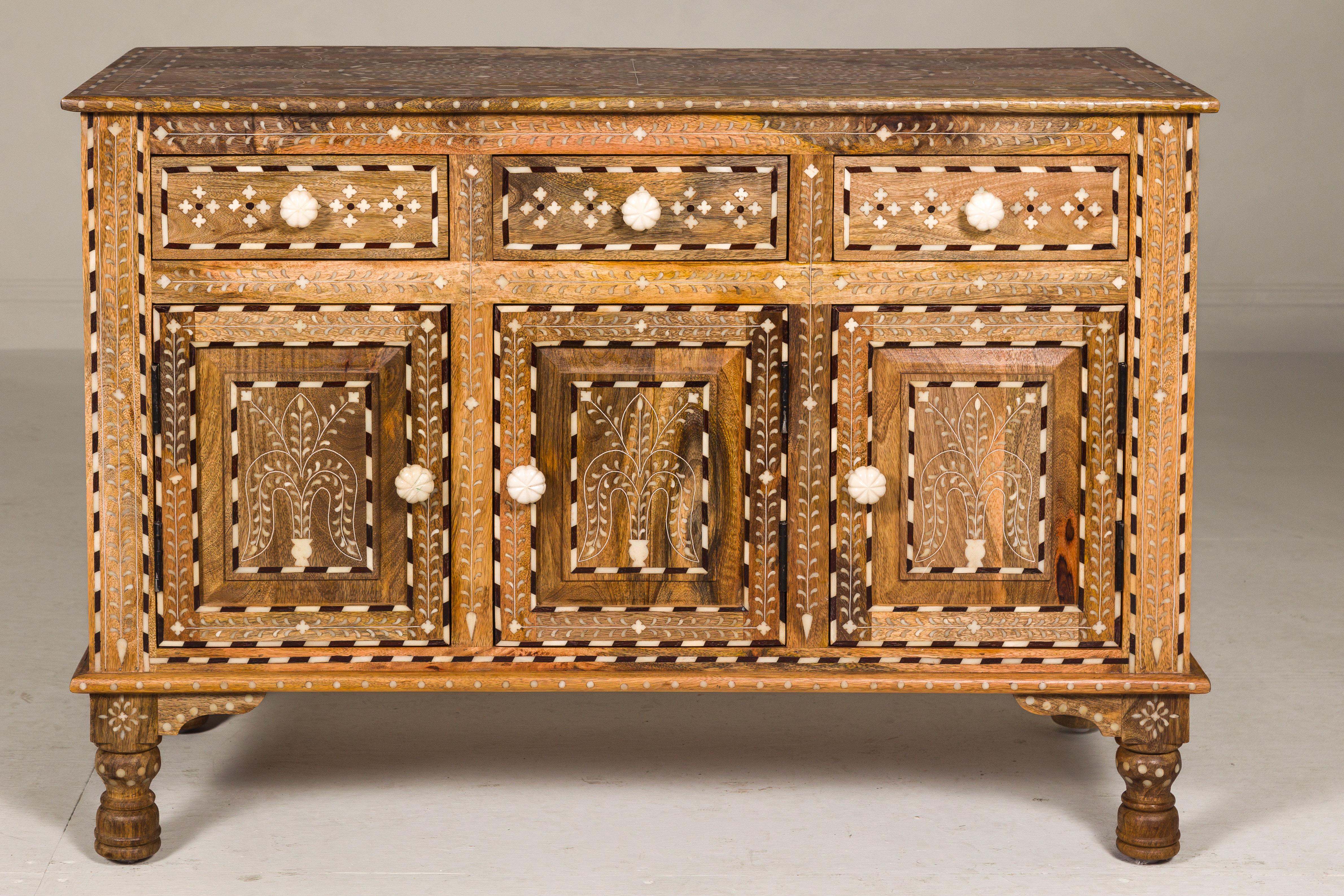Anglo-Indian Style Mango Wood Buffet with Geometric Bone Inlay For Sale 4