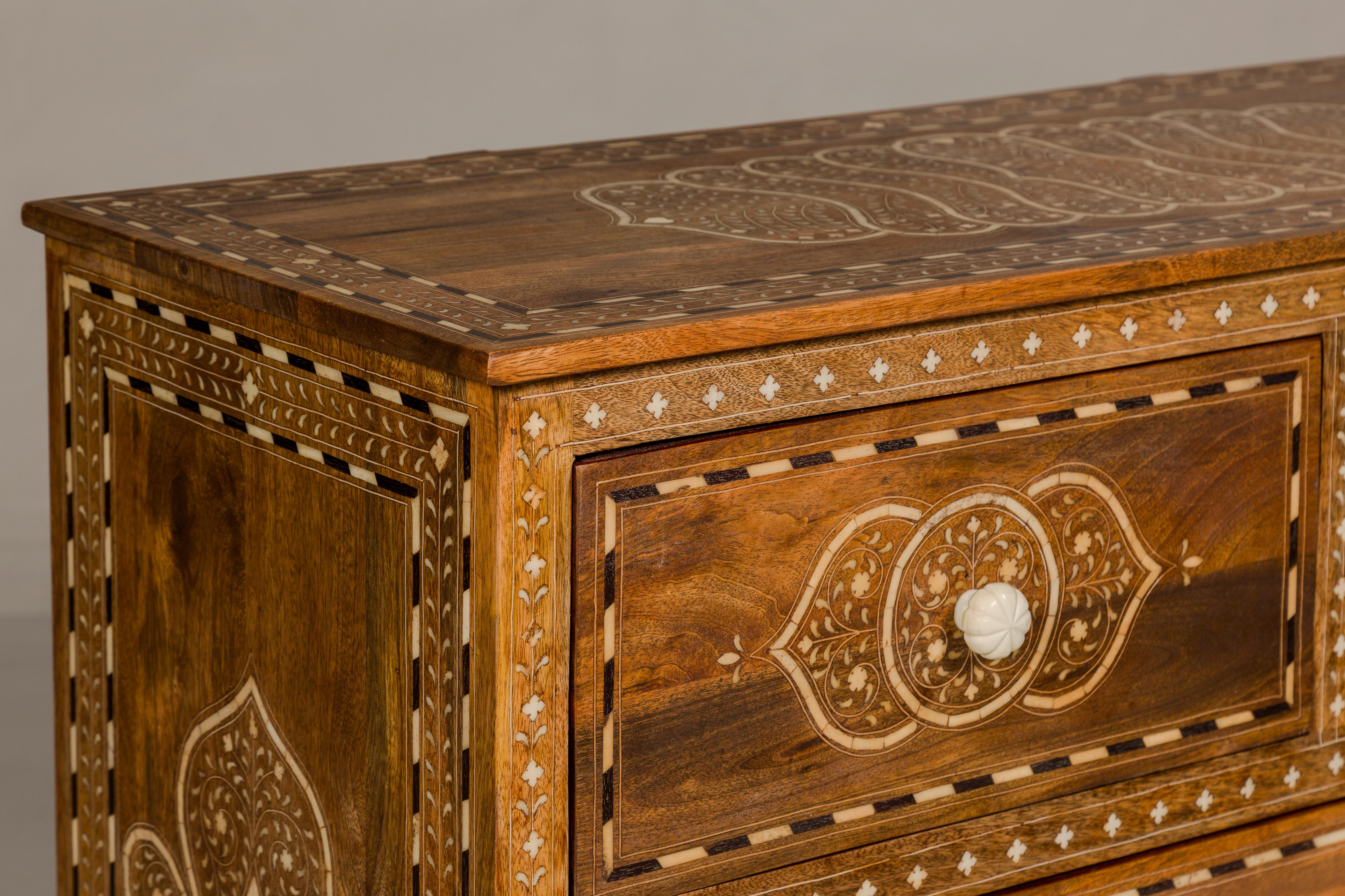 Anglo Indian Style Mango Wood Chest with Four Drawers and Floral Bone Inlay For Sale 5