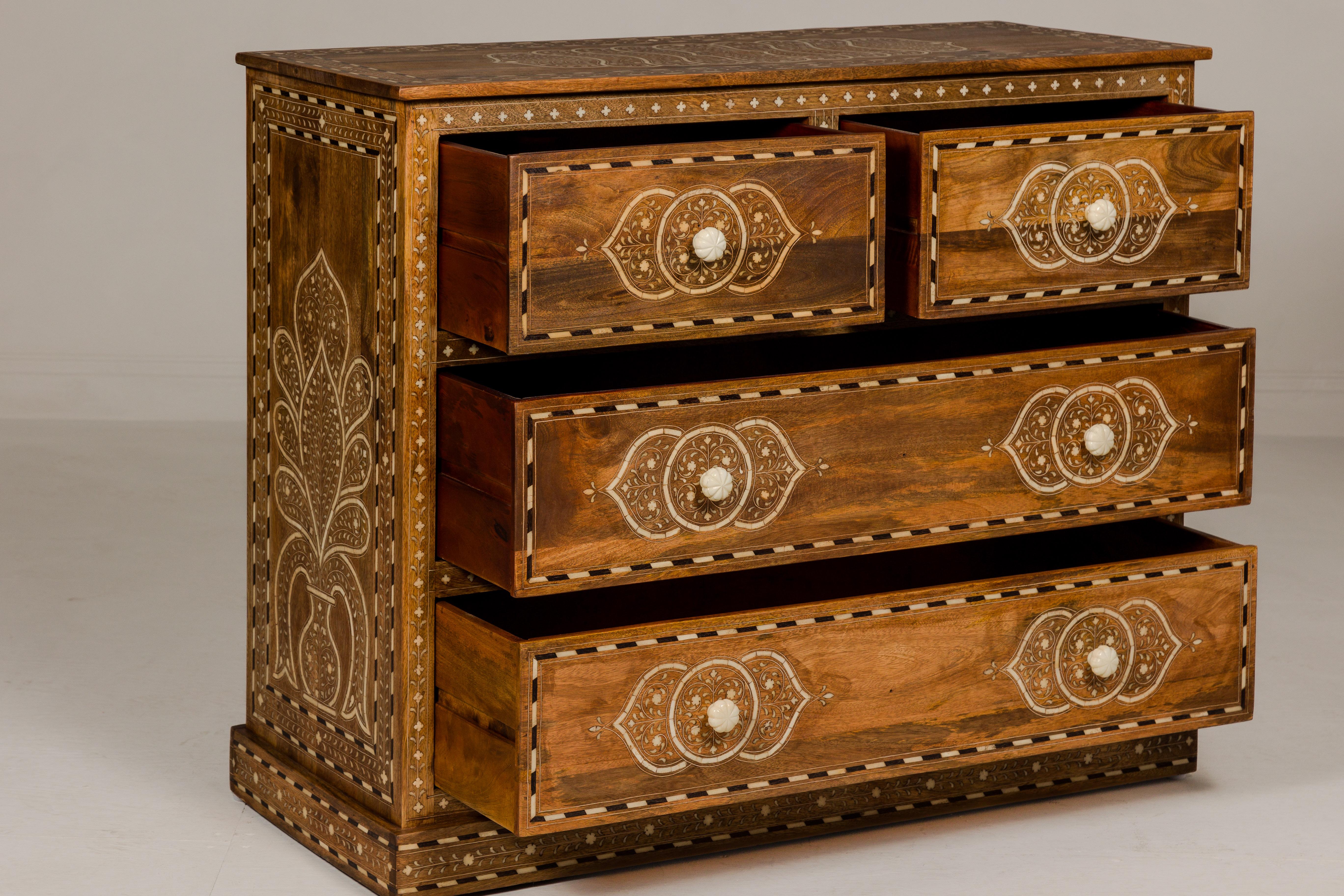 Anglo Indian Style Mango Wood Chest with Four Drawers and Floral Bone Inlay For Sale 5