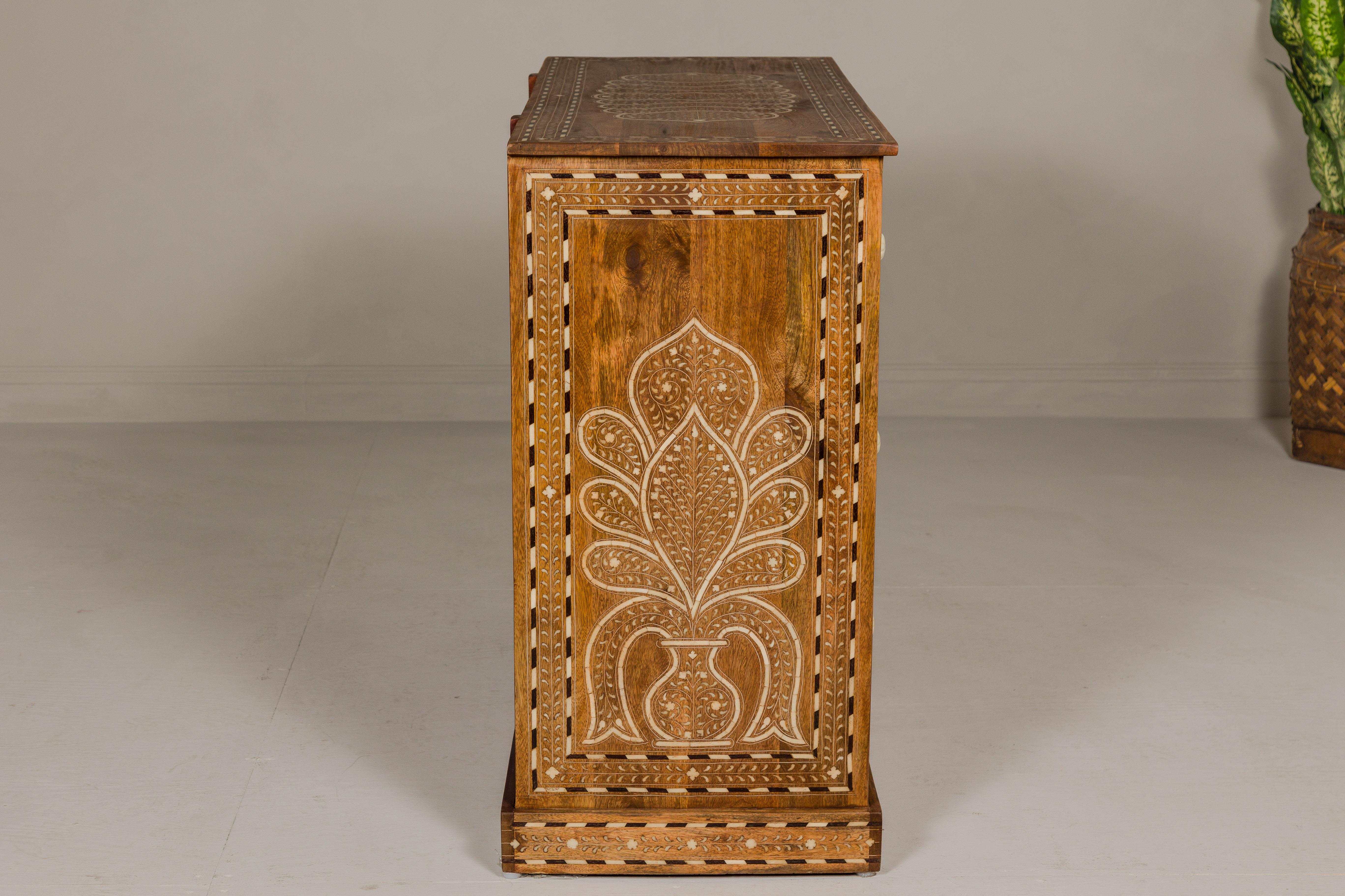 Anglo Indian Style Mango Wood Chest with Four Drawers and Floral Bone Inlay For Sale 8