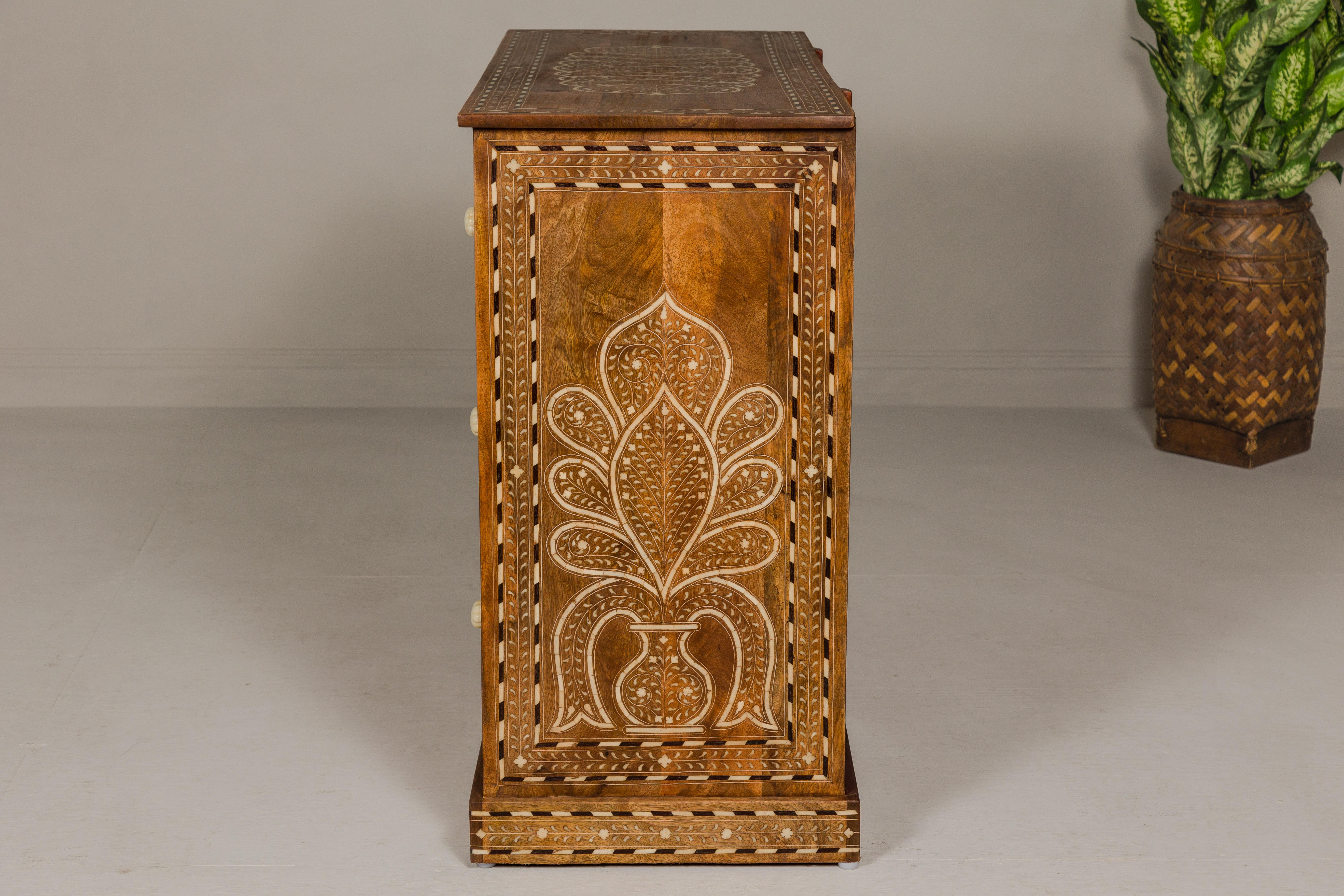 Anglo Indian Style Mango Wood Chest with Four Drawers and Floral Bone Inlay For Sale 12