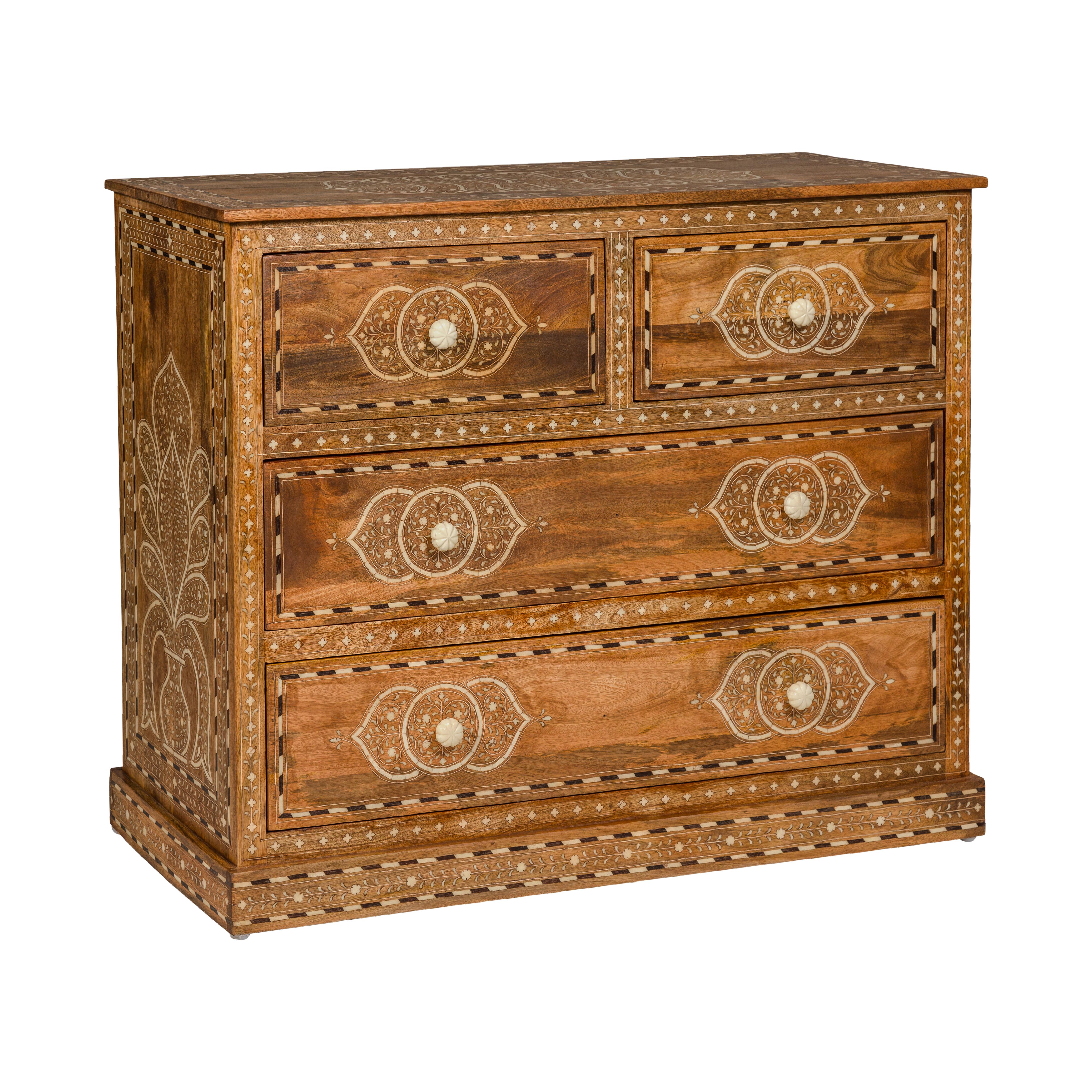 Anglo Indian Style Mango Wood Chest with Four Drawers and Floral Bone Inlay For Sale 13