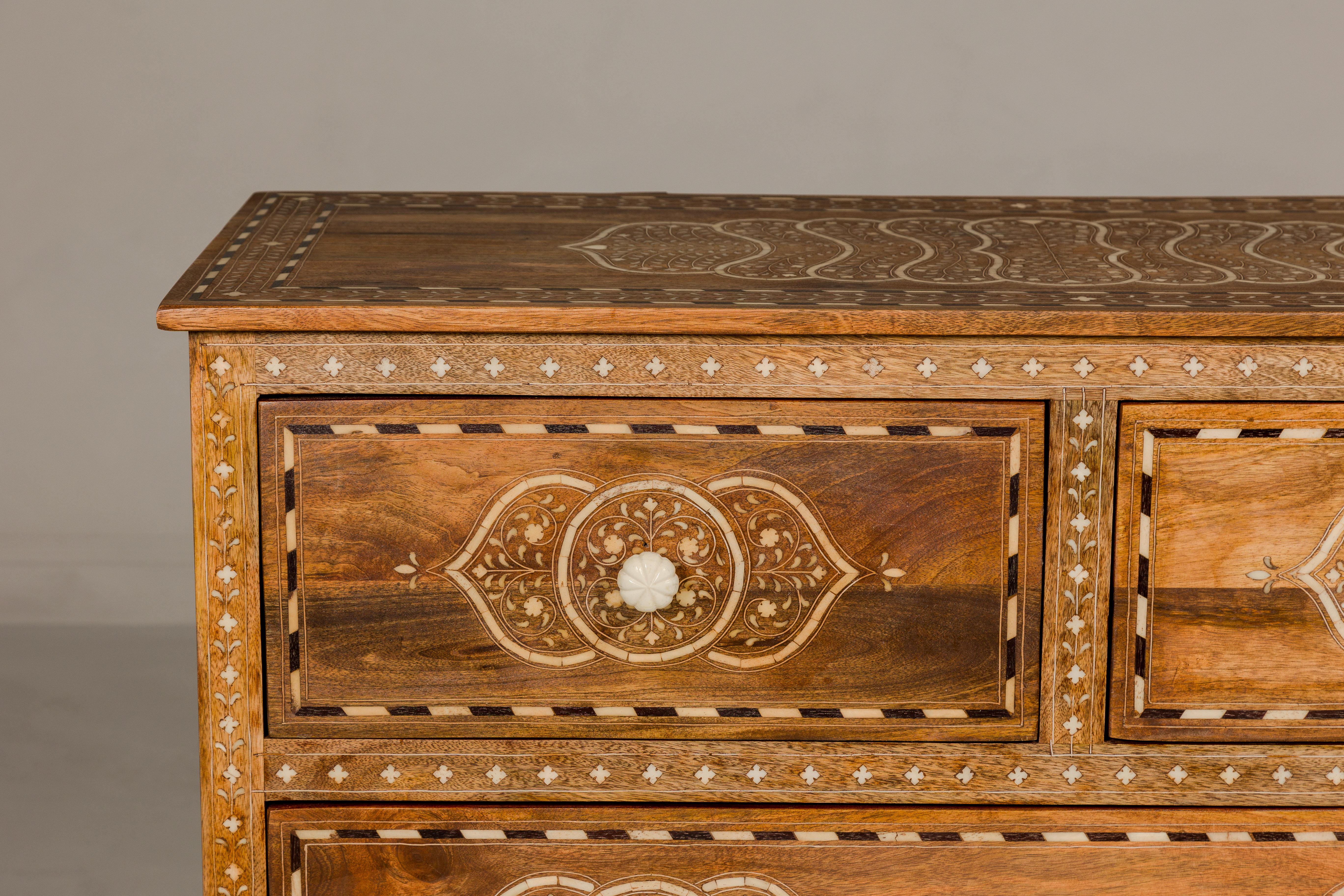 Anglo-Indian Anglo Indian Style Mango Wood Chest with Four Drawers and Floral Bone Inlay For Sale