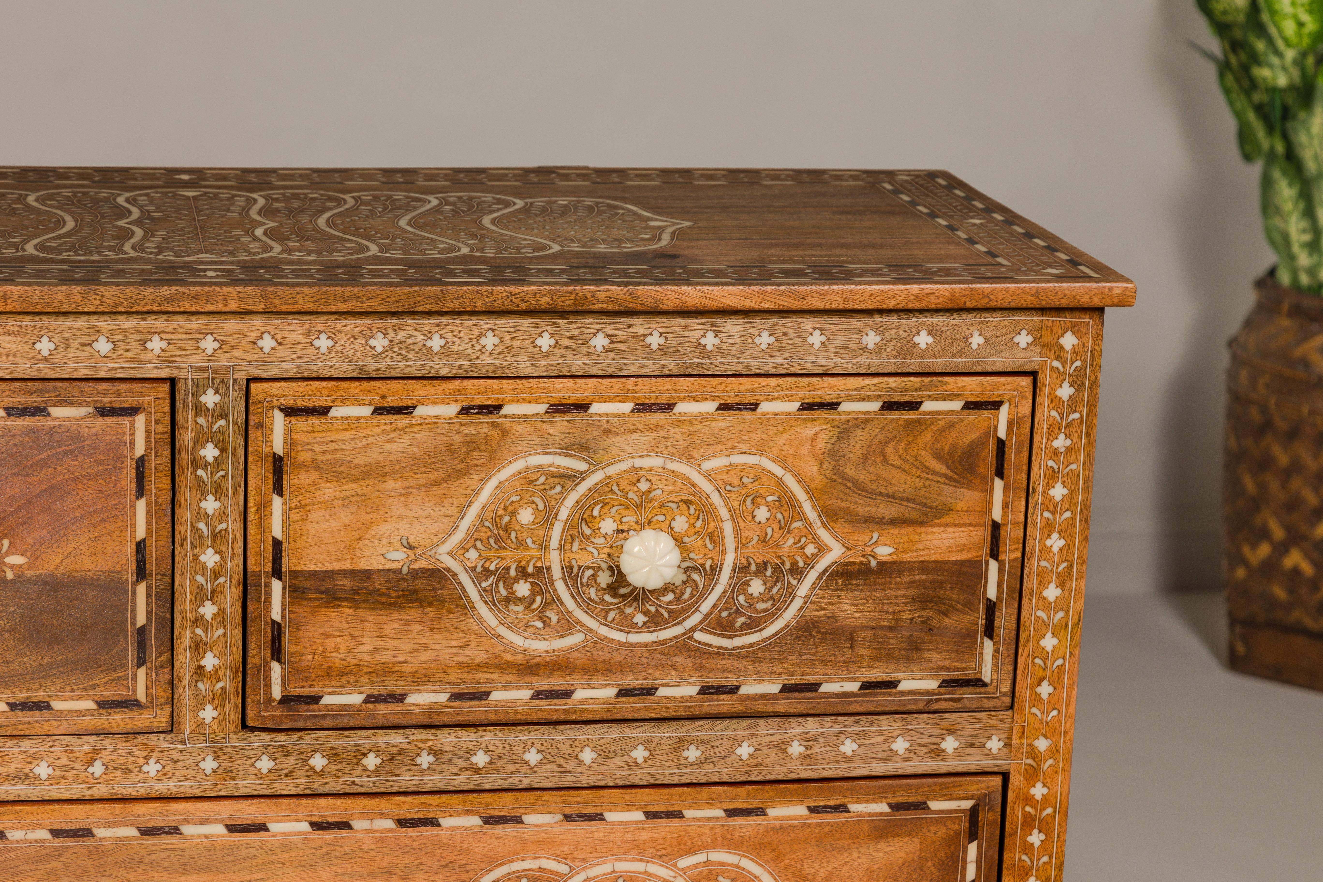 Anglo Indian Style Mango Wood Chest with Four Drawers and Floral Bone Inlay In Excellent Condition For Sale In Yonkers, NY