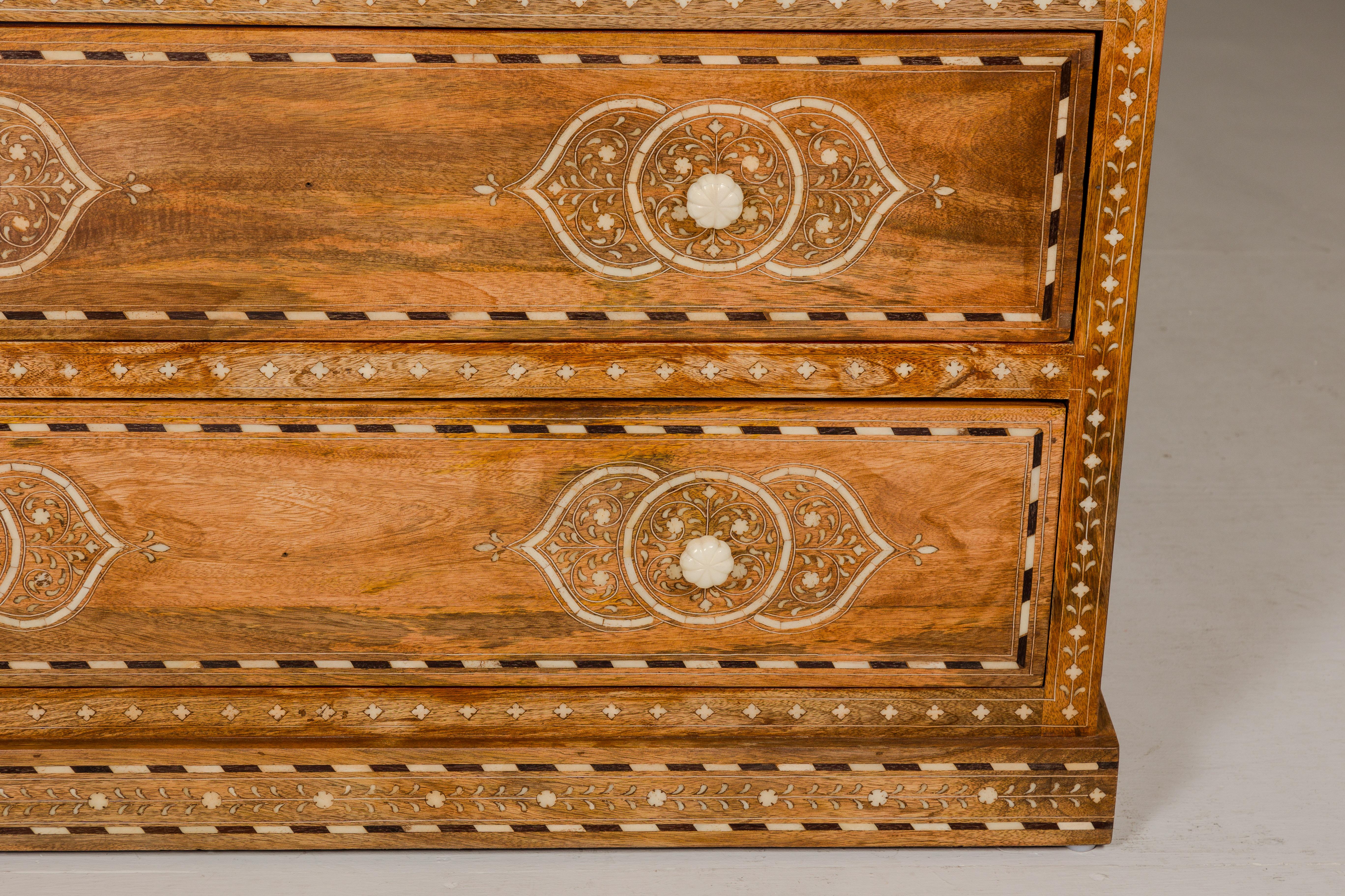 Anglo Indian Style Mango Wood Chest with Four Drawers and Floral Bone Inlay In Excellent Condition For Sale In Yonkers, NY