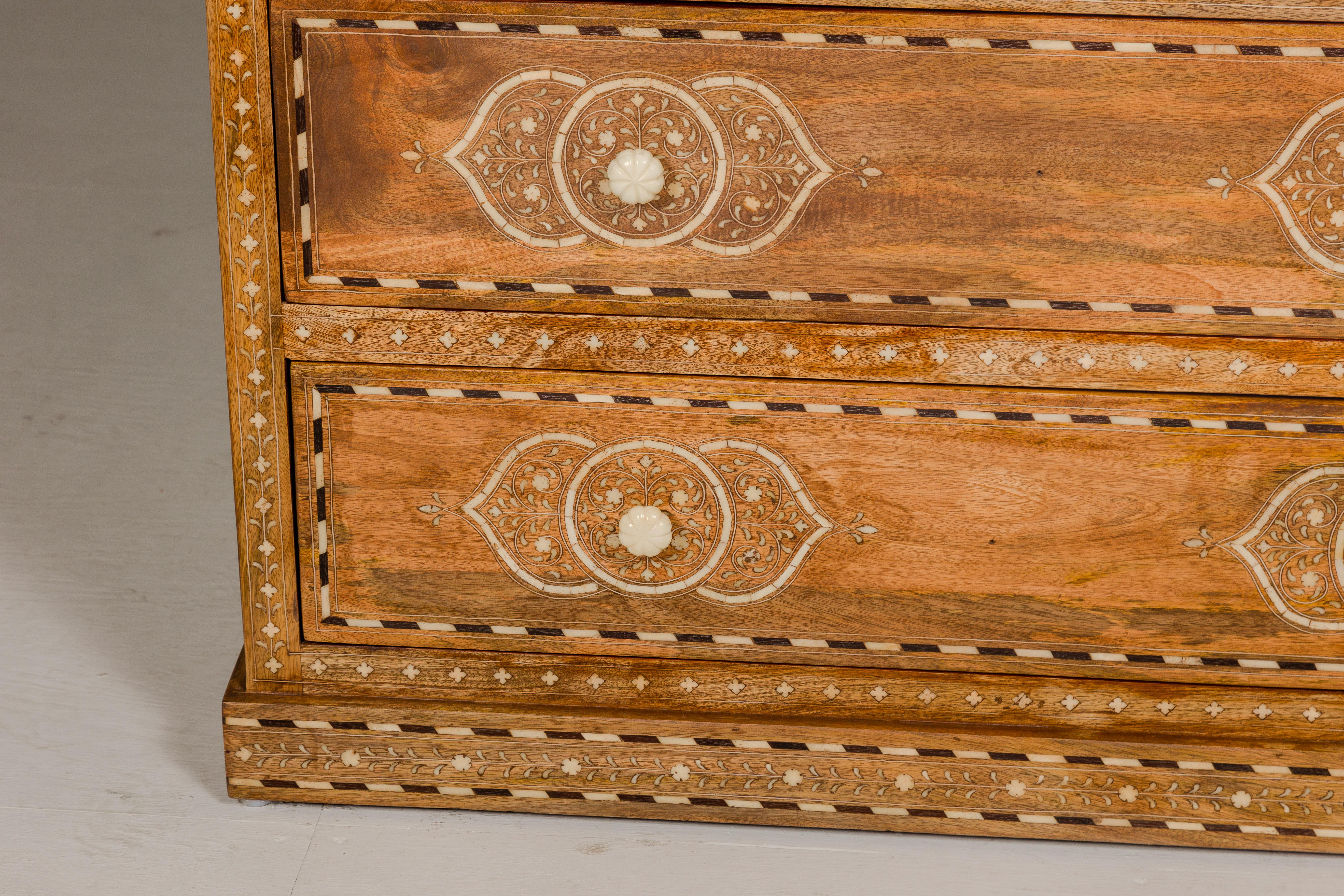 Anglo Indian Style Mango Wood Chest with Four Drawers and Floral Bone Inlay For Sale 1