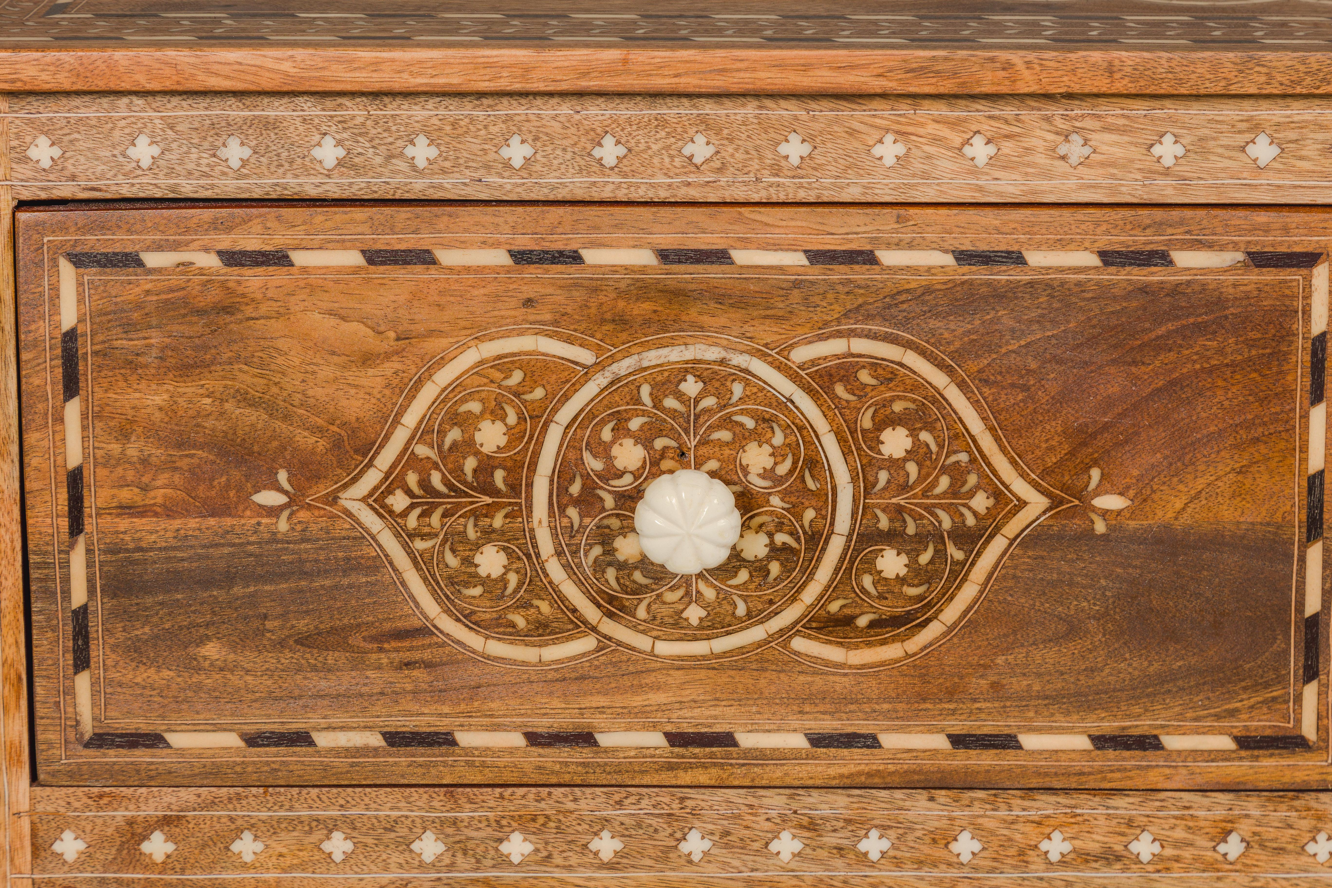 Anglo Indian Style Mango Wood Chest with Four Drawers and Floral Bone Inlay For Sale 1