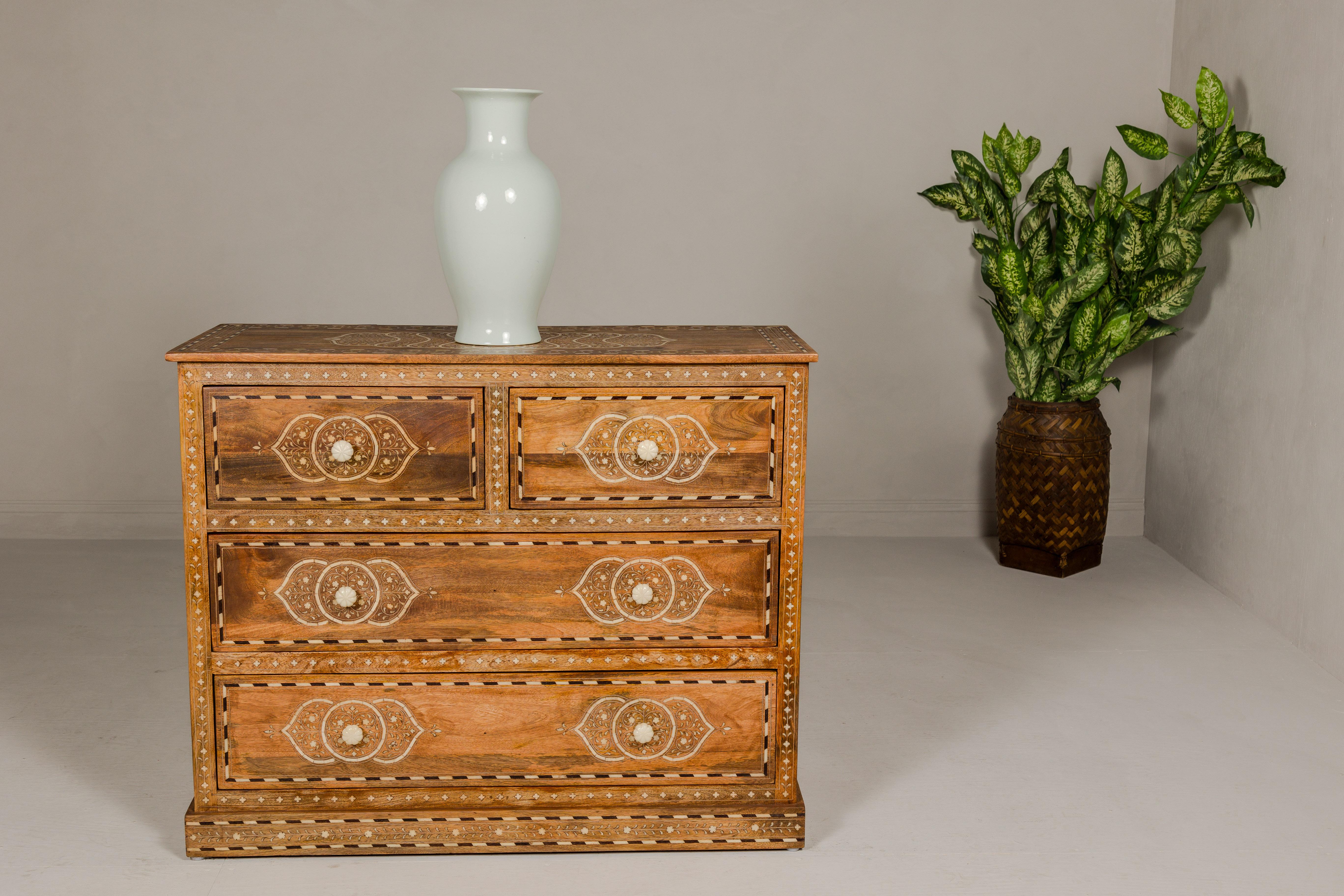 Anglo Indian Style Mango Wood Chest with Four Drawers and Floral Bone Inlay For Sale 2