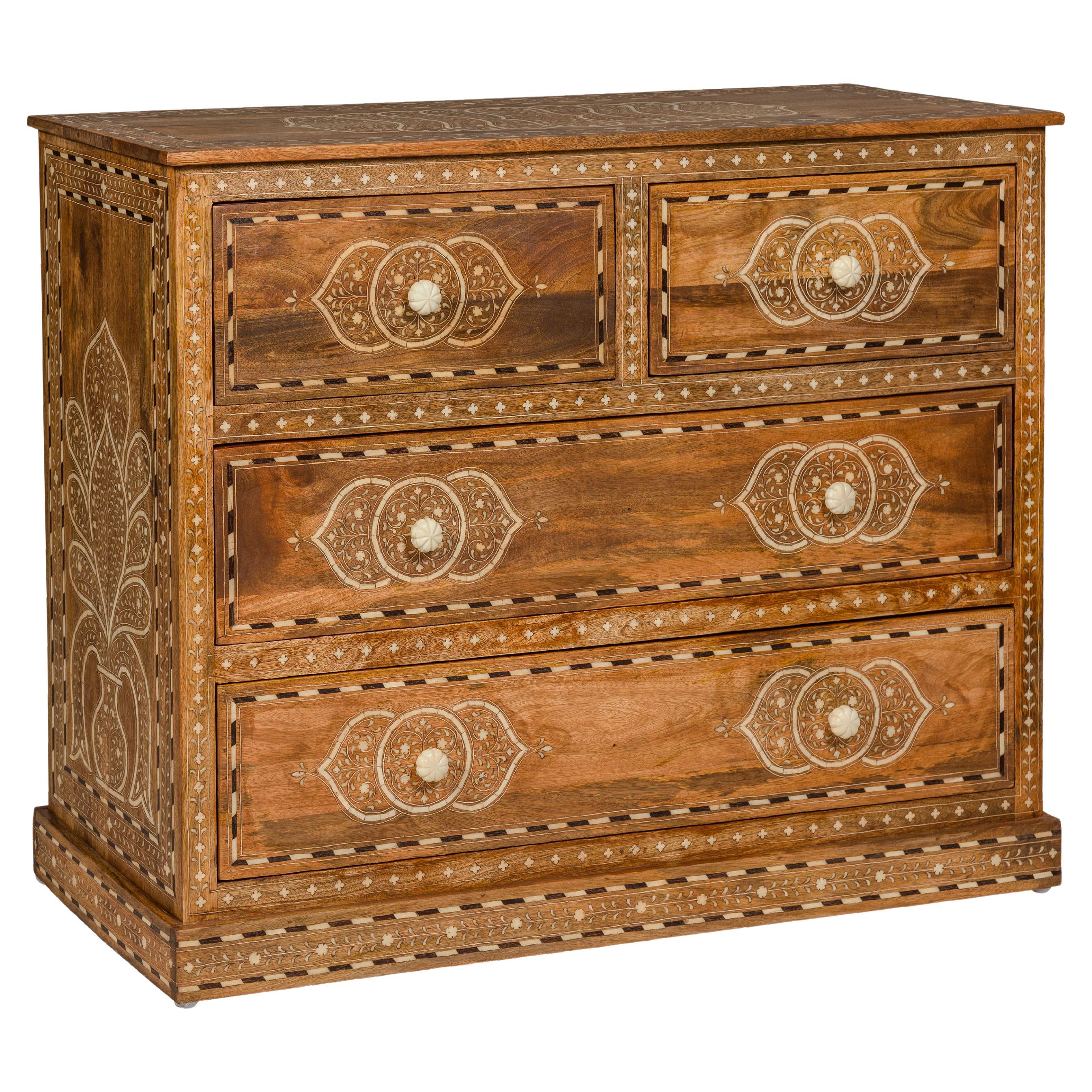 Anglo Indian Style Mango Wood Chest with Four Drawers and Floral Bone Inlay For Sale