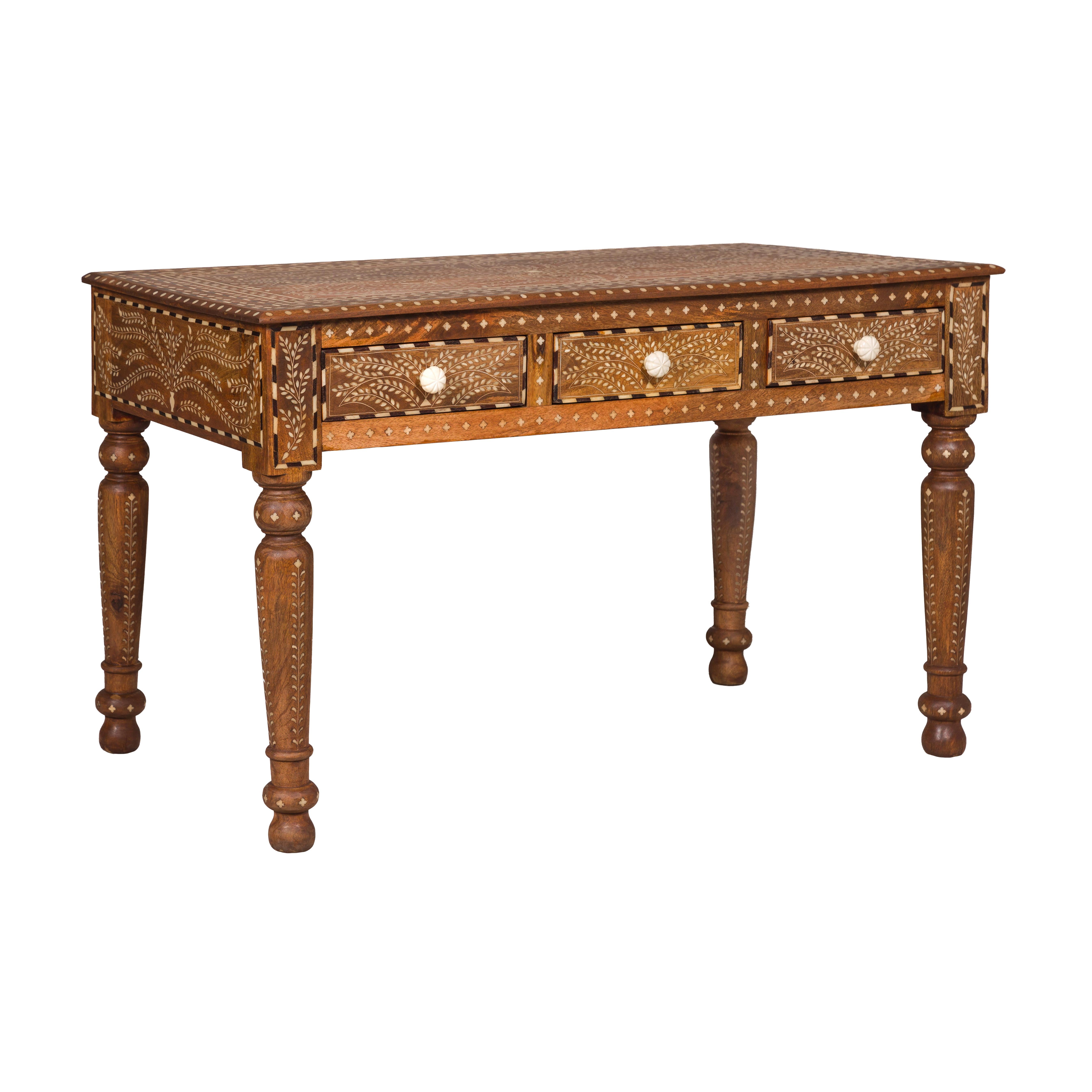 Anglo Indian Style Mango Wood Console or Desk with Three Drawers and Bone Inlay For Sale 12