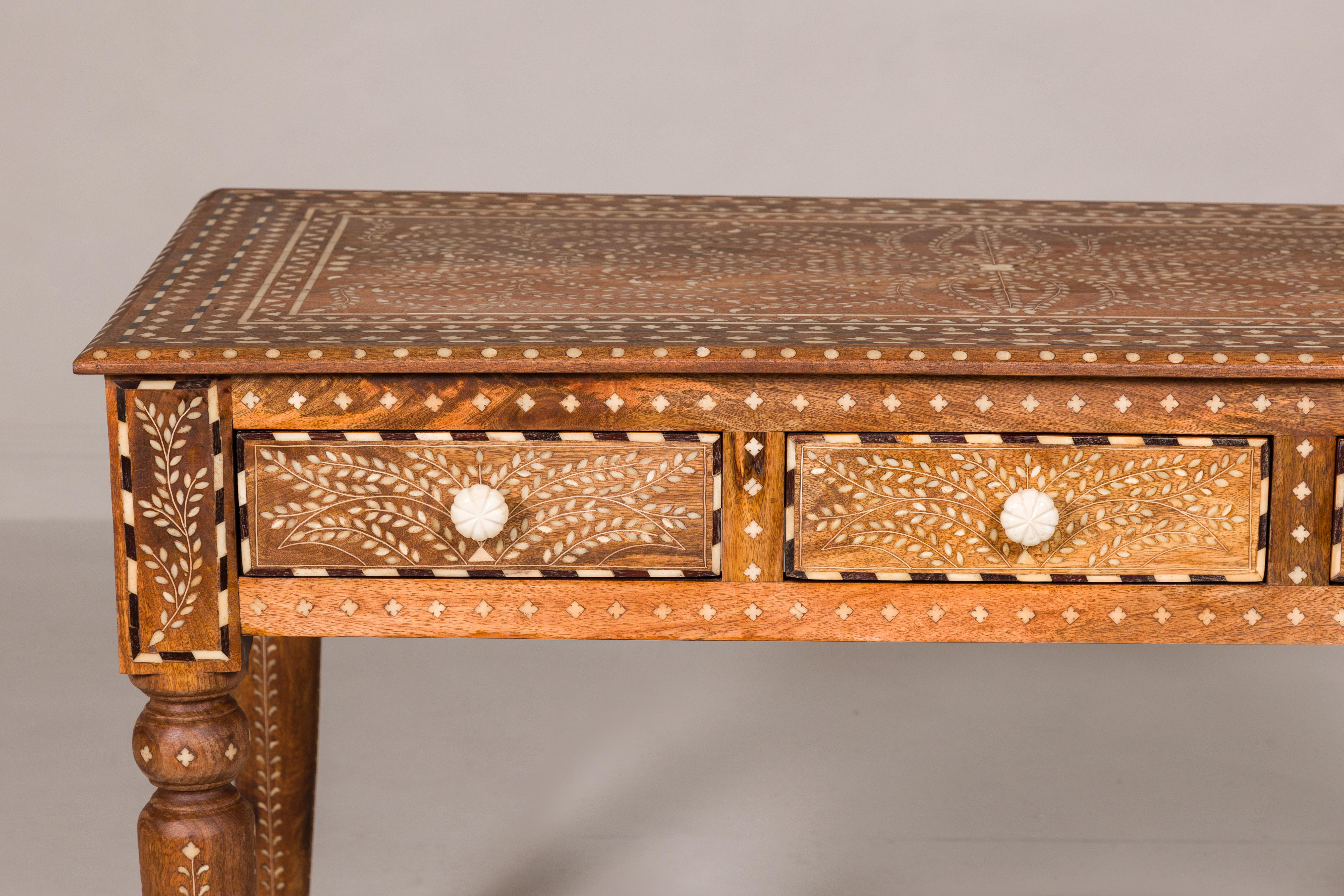 Anglo Indian Style Mango Wood Console or Desk with Three Drawers and Bone Inlay In Excellent Condition For Sale In Yonkers, NY