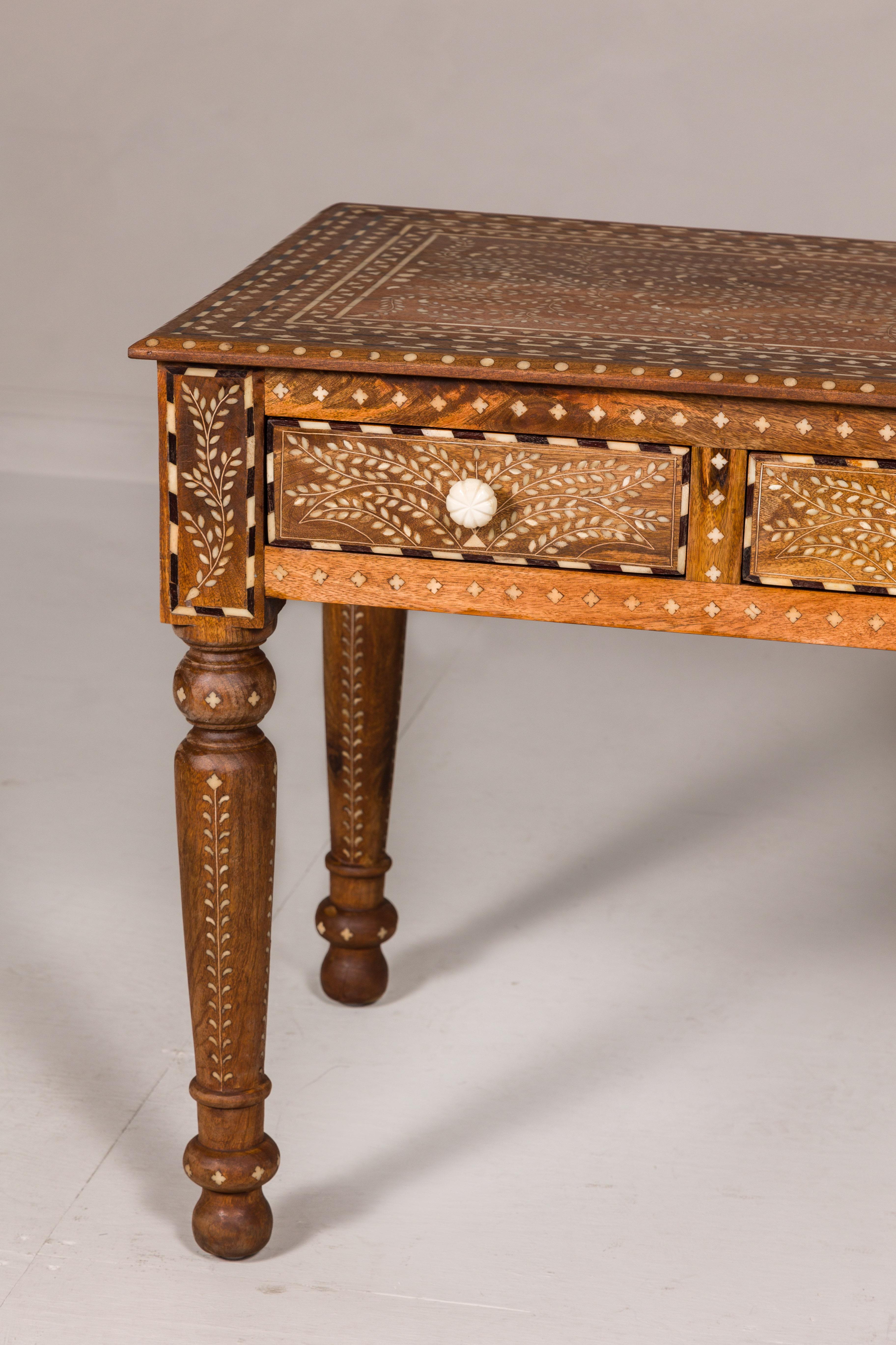 Anglo Indian Style Mango Wood Console or Desk with Three Drawers and Bone Inlay For Sale 1