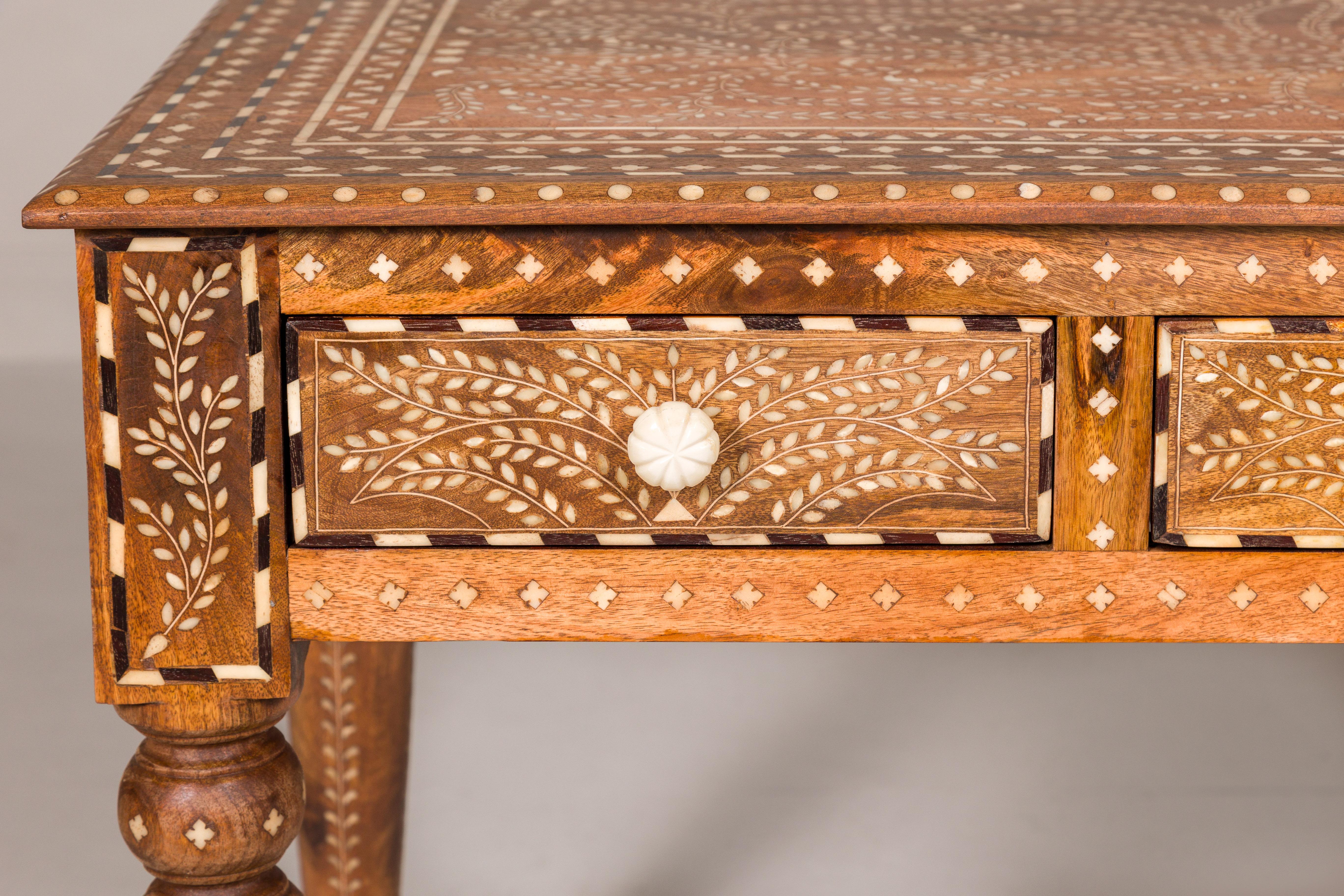 Anglo Indian Style Mango Wood Console or Desk with Three Drawers and Bone Inlay For Sale 2