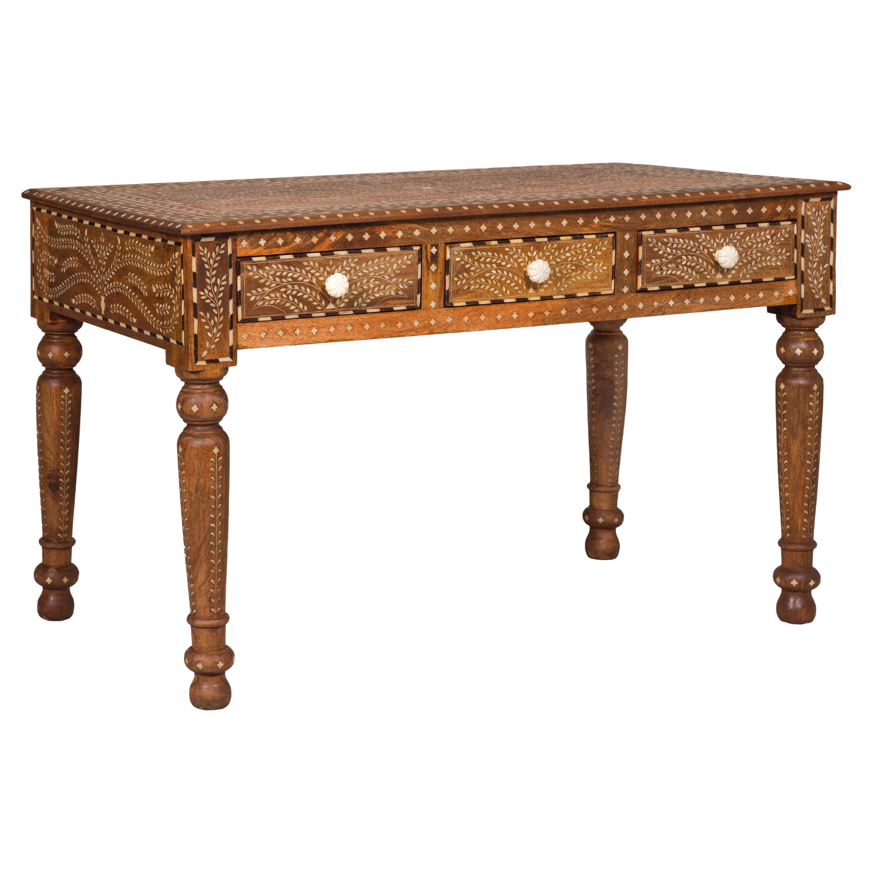 Anglo Indian Style Mango Wood Console or Desk with Three Drawers and Bone Inlay For Sale