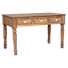 Anglo Indian Style Mango Wood Console or Desk with Three Drawers and Bone Inlay