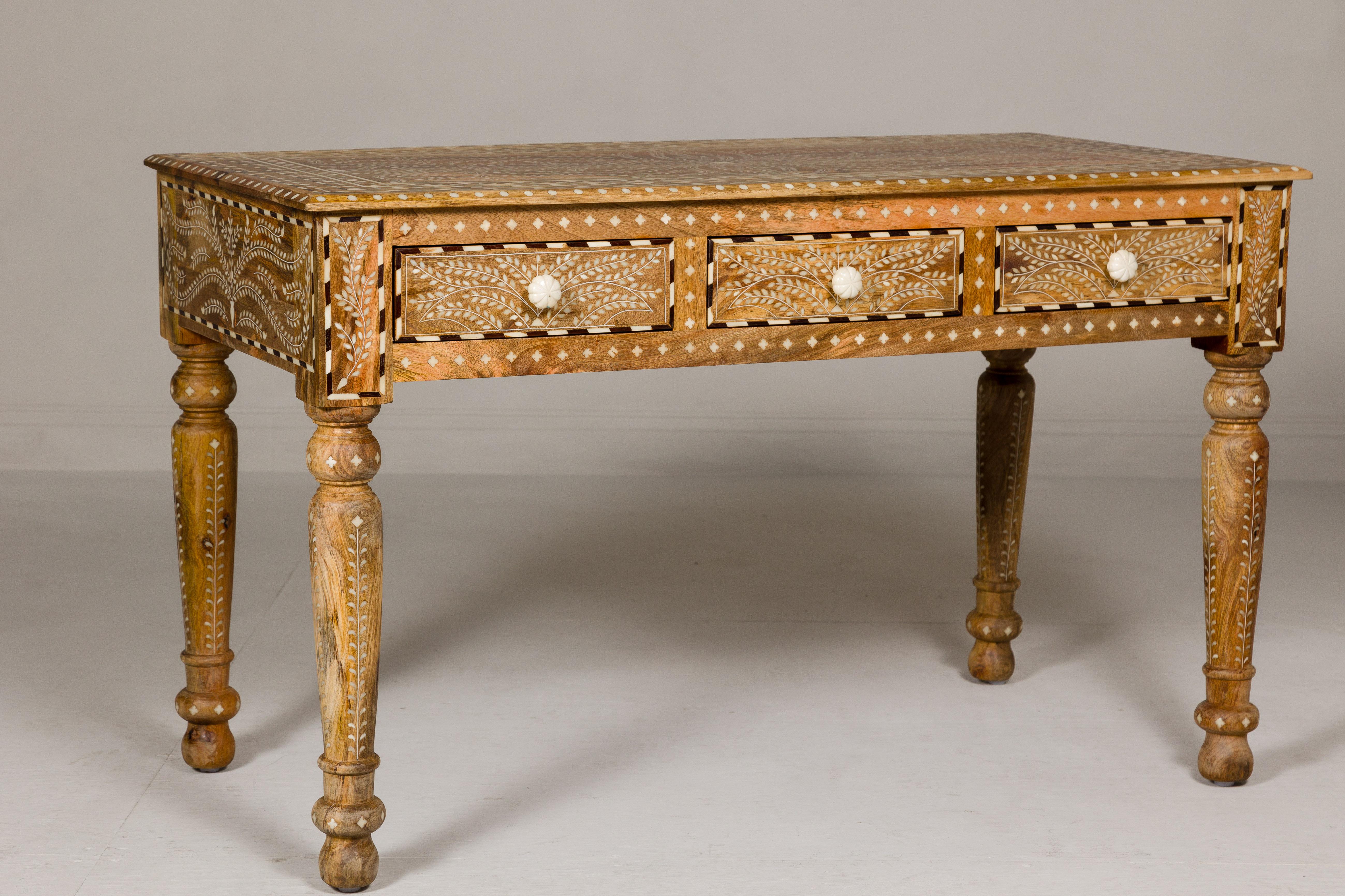 Anglo Indian Style Mango Wood Desk with Drawers, Bone Inlay and Light Patina For Sale 3