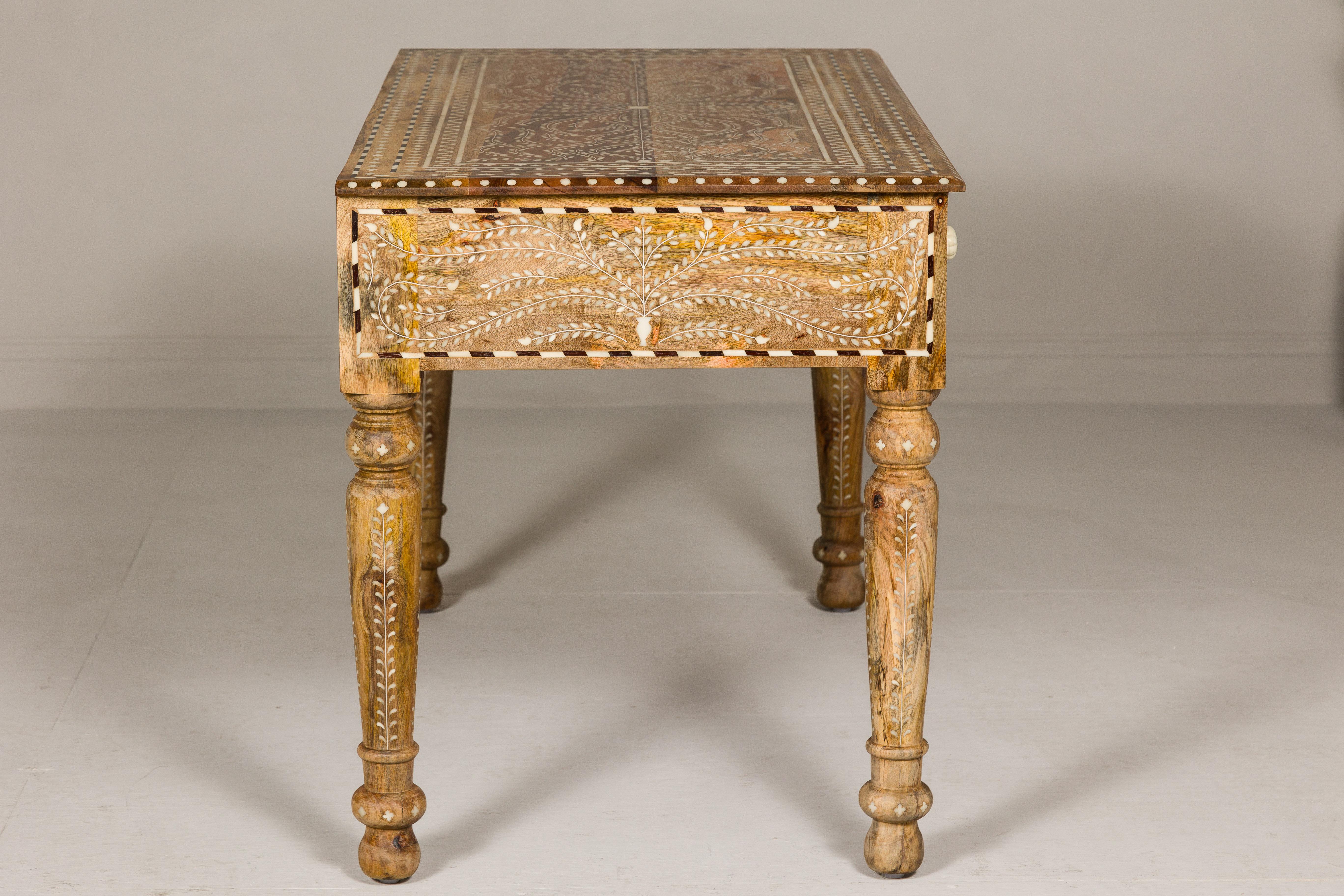 Anglo Indian Style Mango Wood Desk with Drawers, Bone Inlay and Light Patina For Sale 8