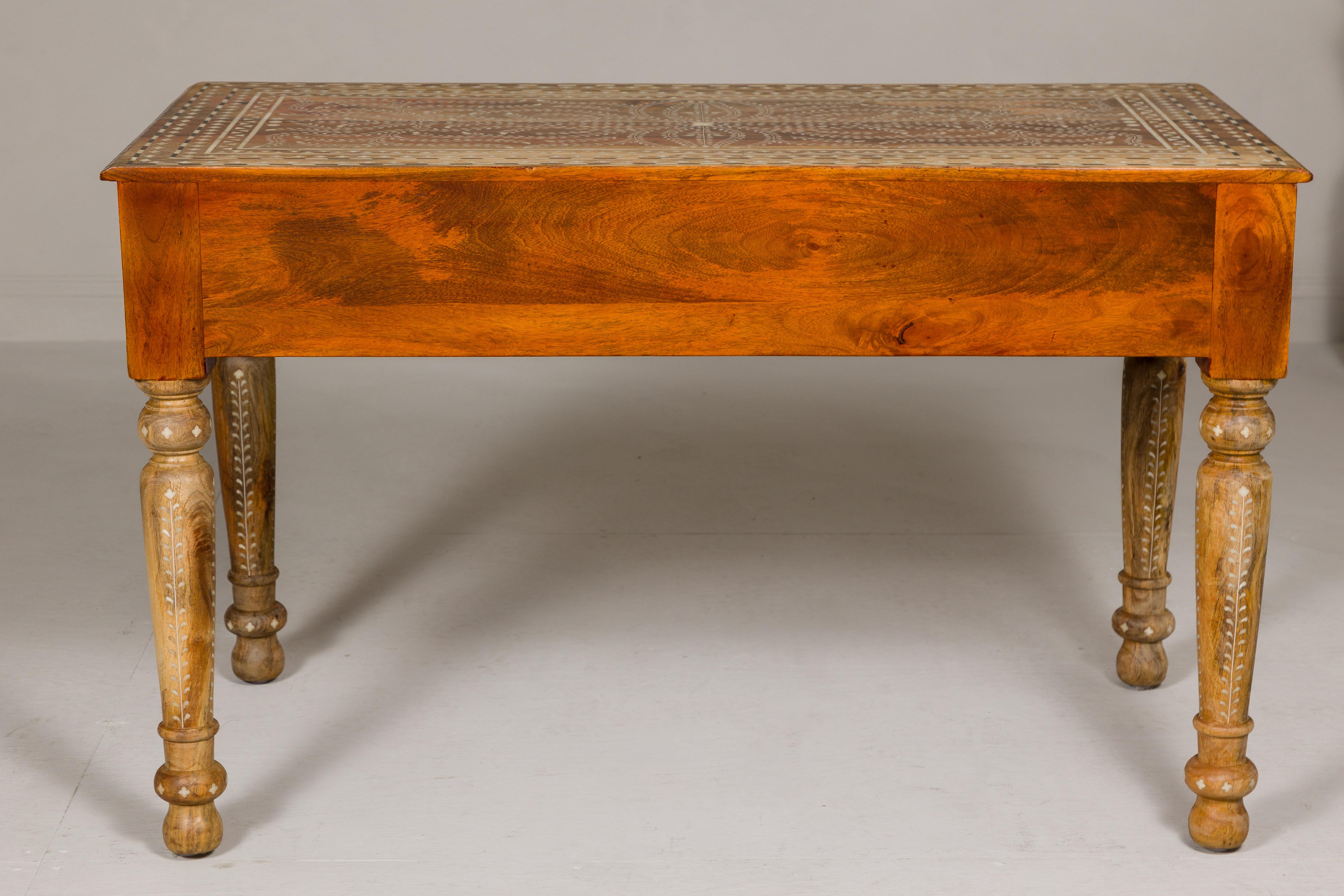 Anglo Indian Style Mango Wood Desk with Drawers, Bone Inlay and Light Patina For Sale 11