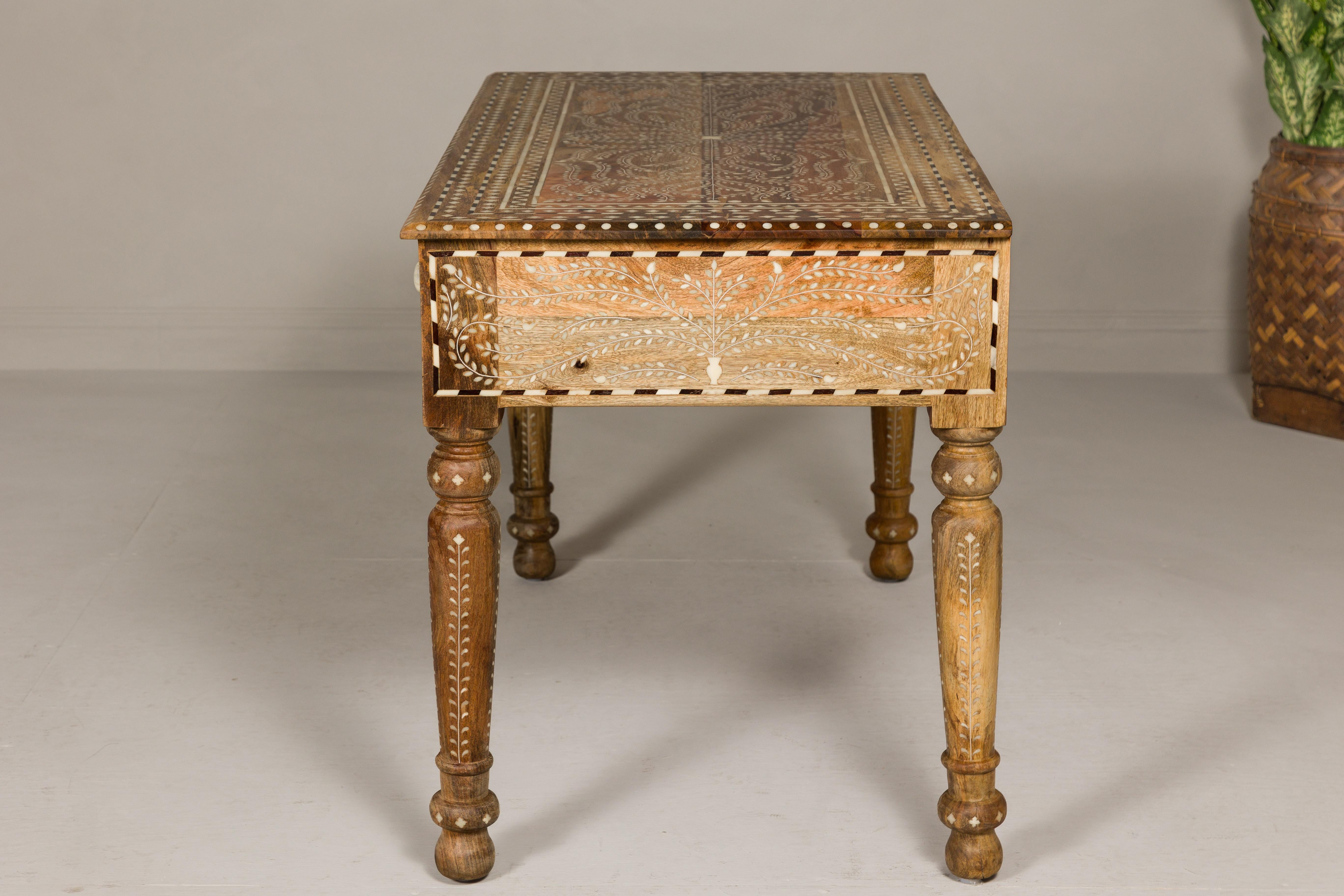 Anglo Indian Style Mango Wood Desk with Drawers, Bone Inlay and Light Patina For Sale 9