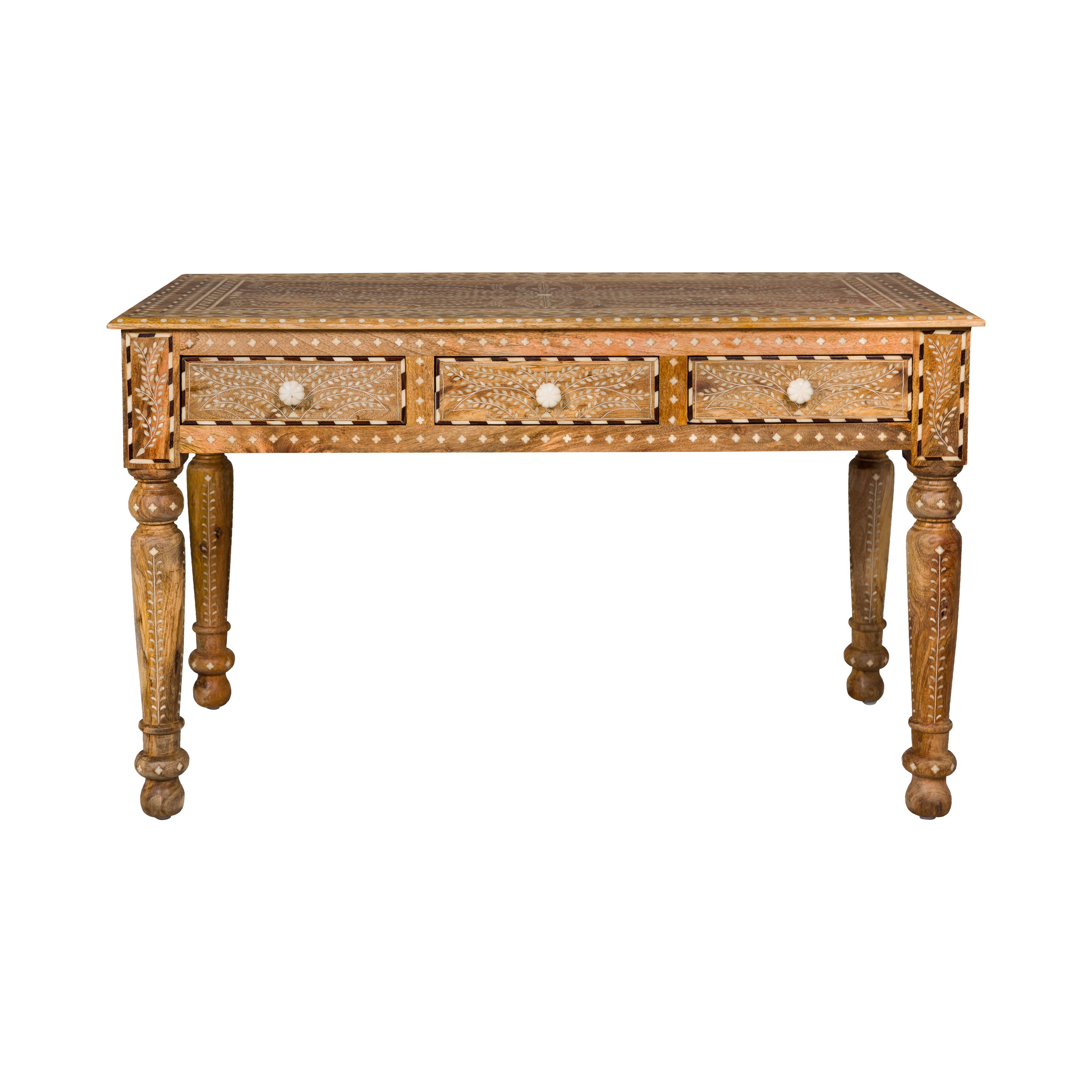 Anglo Indian Style Mango Wood Desk with Drawers, Bone Inlay and Light Patina For Sale 11