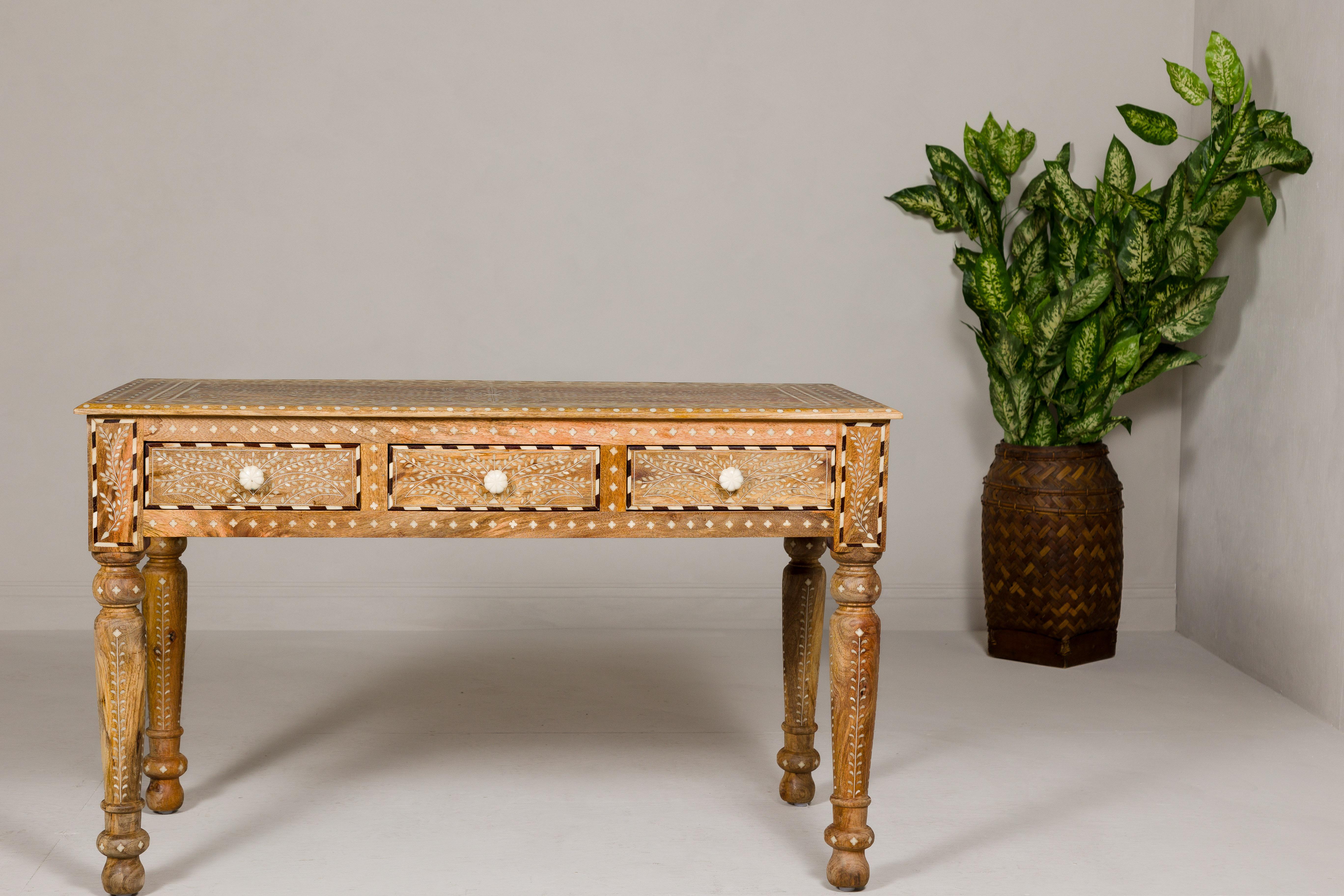 Anglo-Indian Anglo Indian Style Mango Wood Desk with Drawers, Bone Inlay and Light Patina For Sale