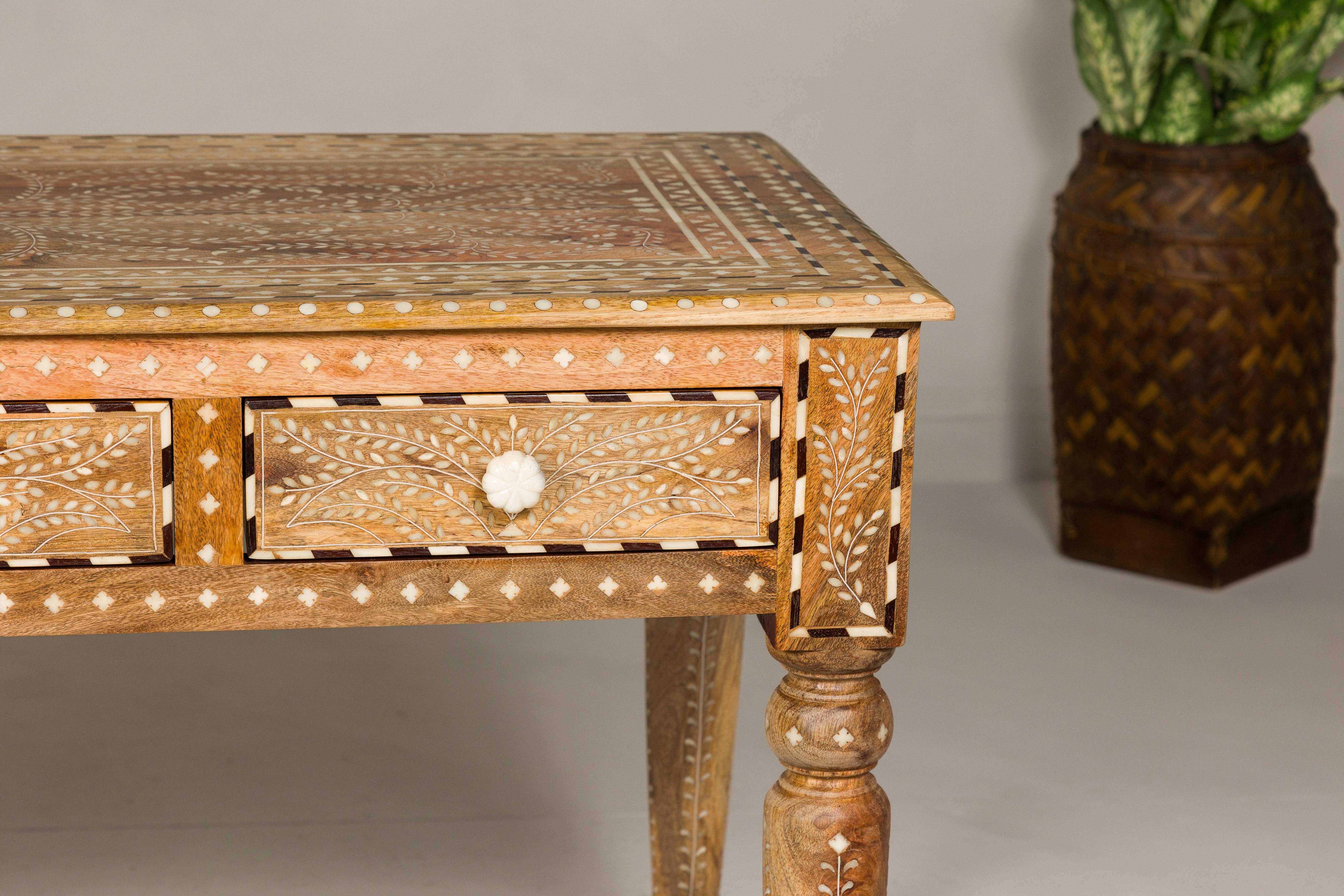 Contemporary Anglo Indian Style Mango Wood Desk with Drawers, Bone Inlay and Light Patina For Sale