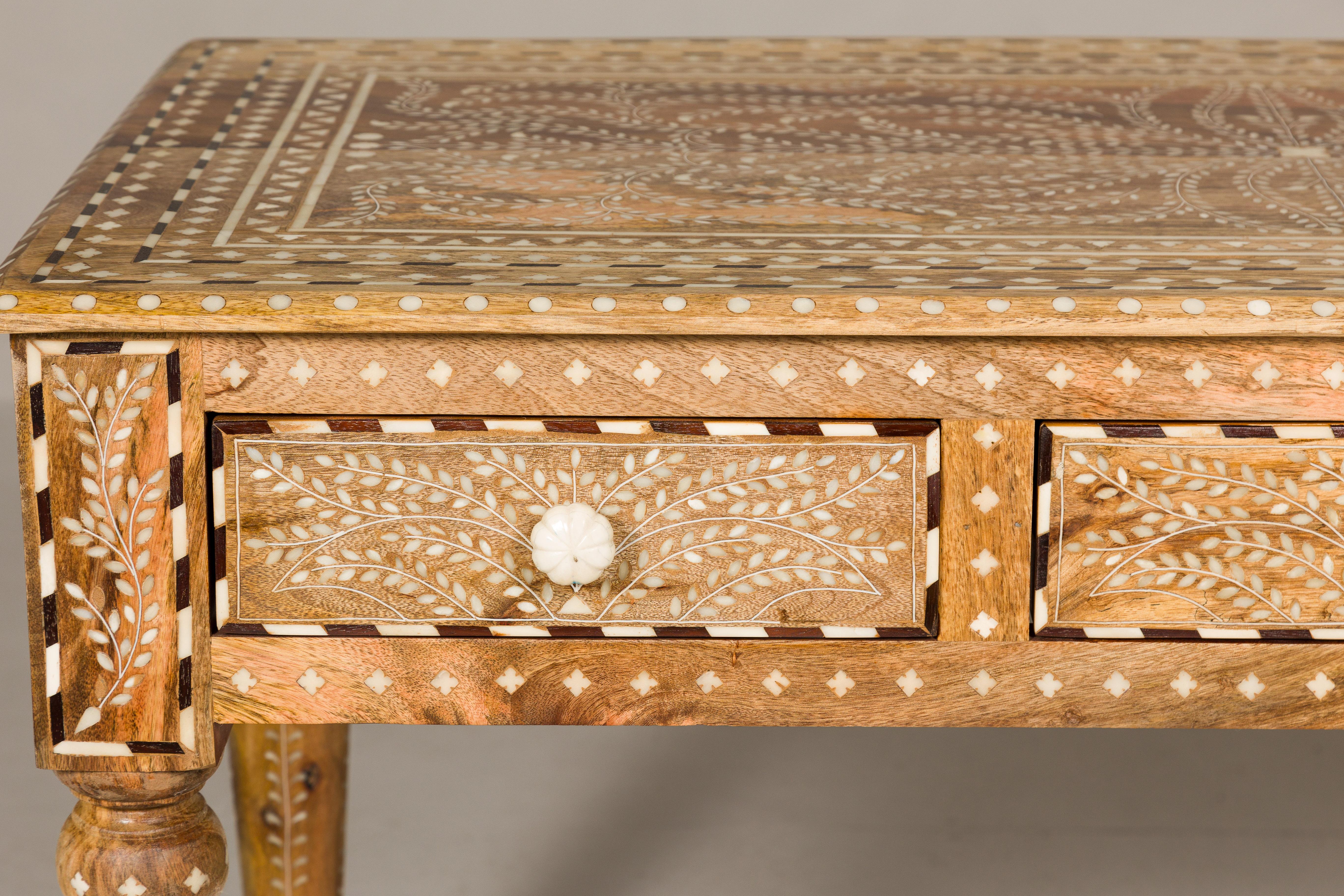 Contemporary Anglo Indian Style Mango Wood Desk with Drawers, Bone Inlay and Light Patina For Sale