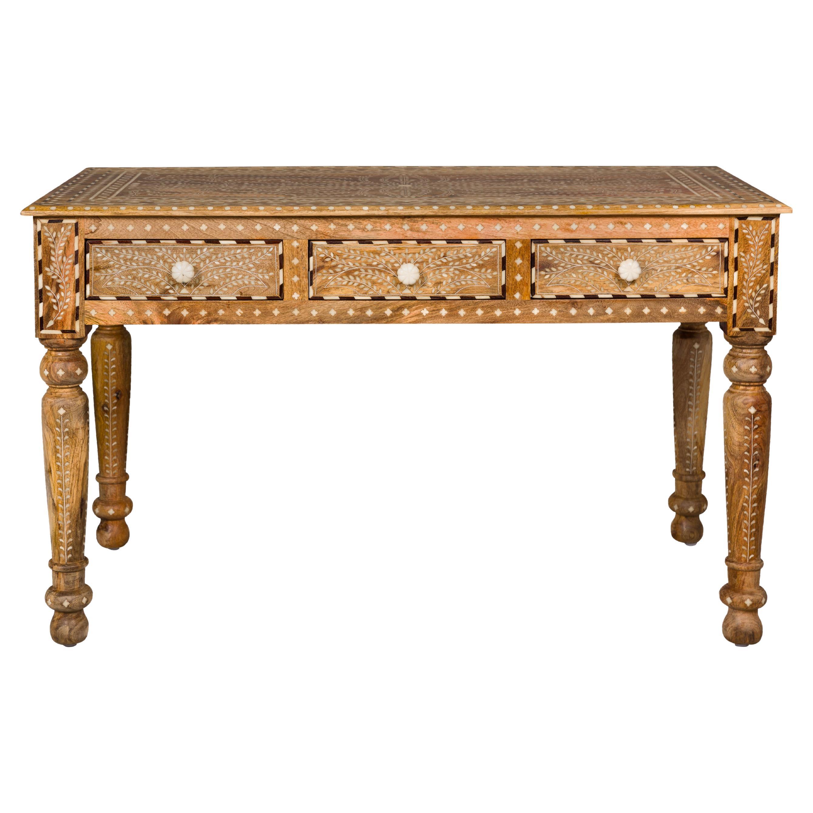 Anglo Indian Style Mango Wood Desk with Drawers, Bone Inlay and Light Patina For Sale