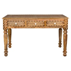 Anglo Indian Style Mango Wood Desk with Drawers, Bone Inlay and Light Patina