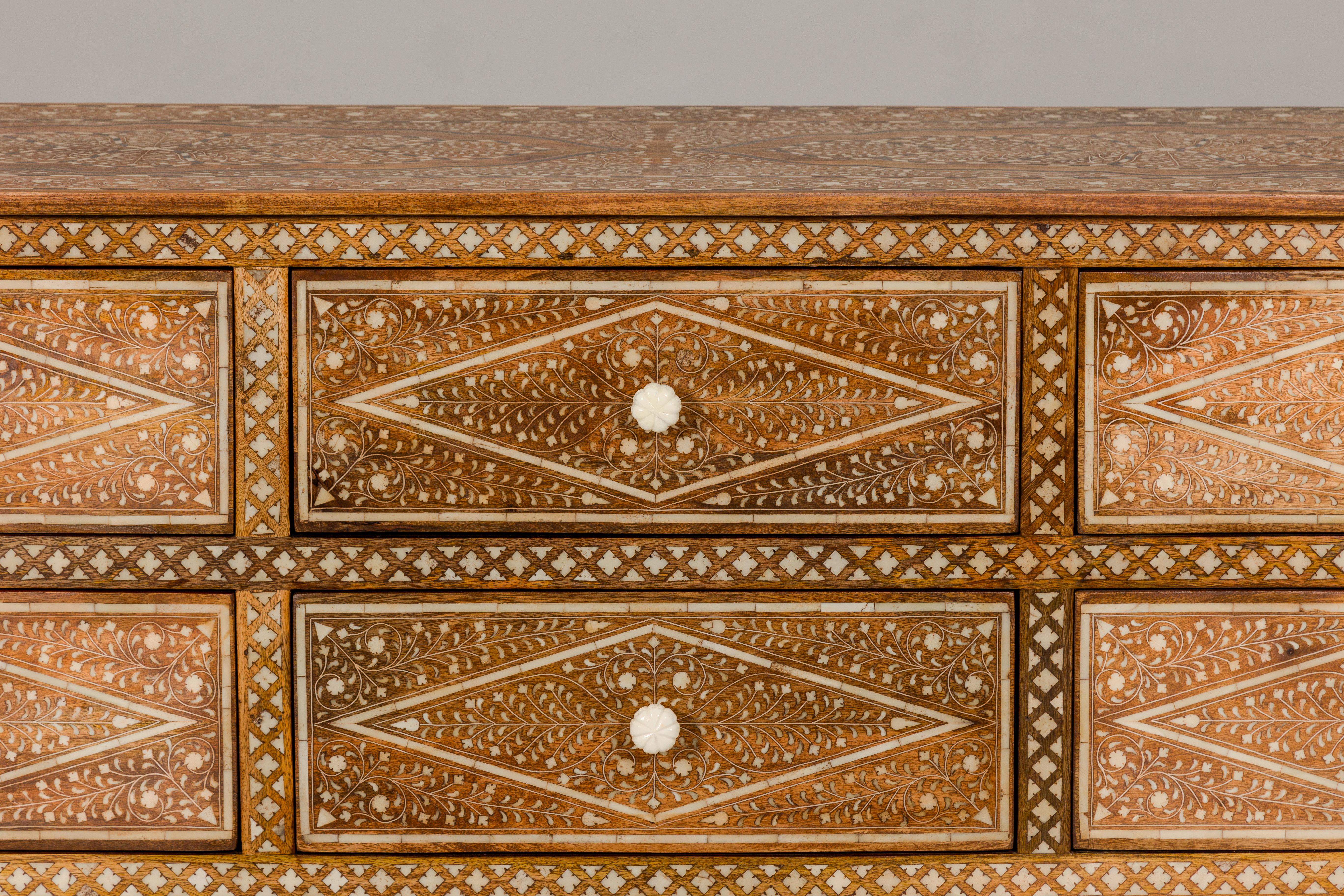 Anglo-Indian Style Mango Wood Dresser with Eight Drawers and Floral Bone Inlay 2