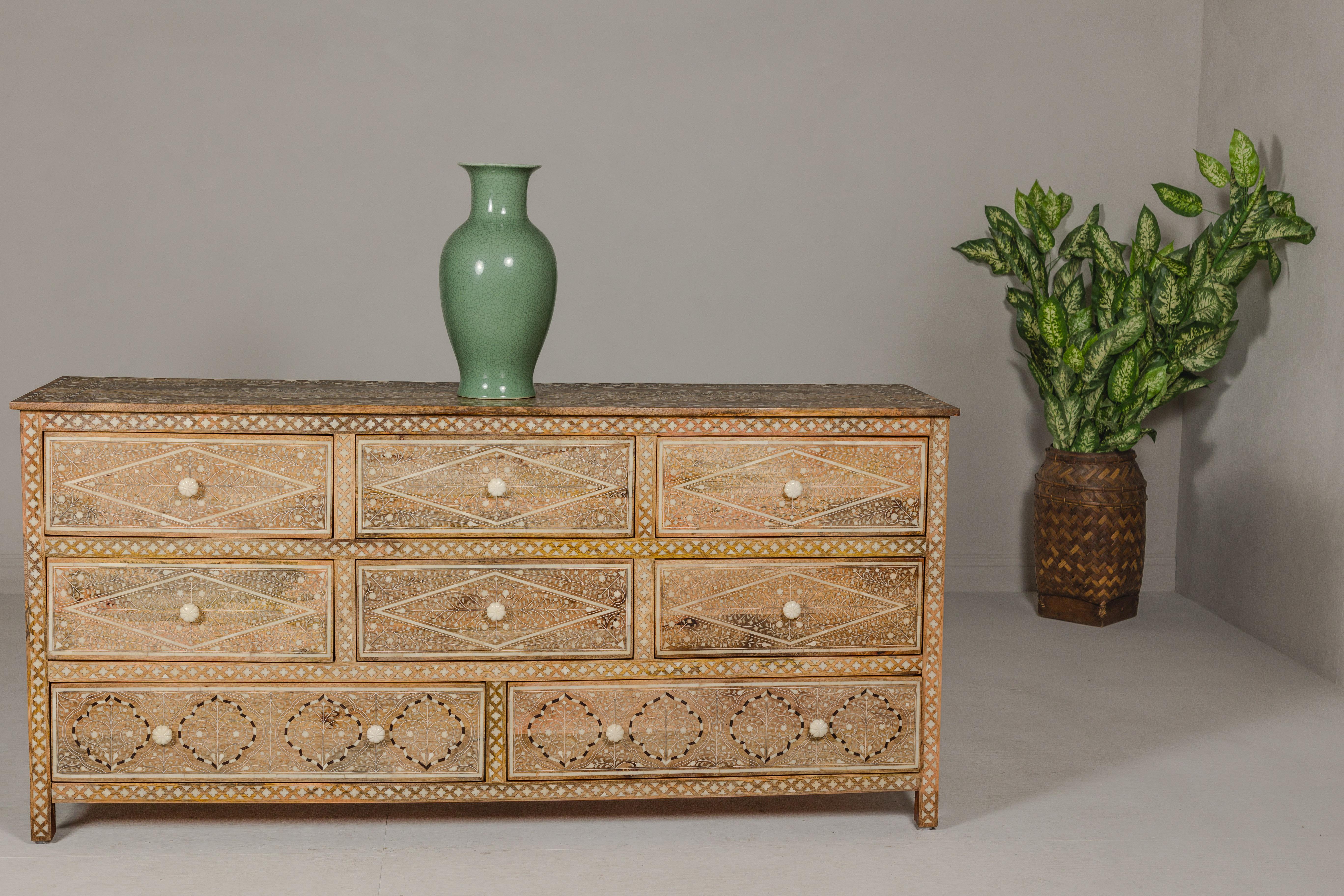 Anglo-Indian Style Mango Wood Dresser with Eight Drawers and Floral Bone Inlay 5