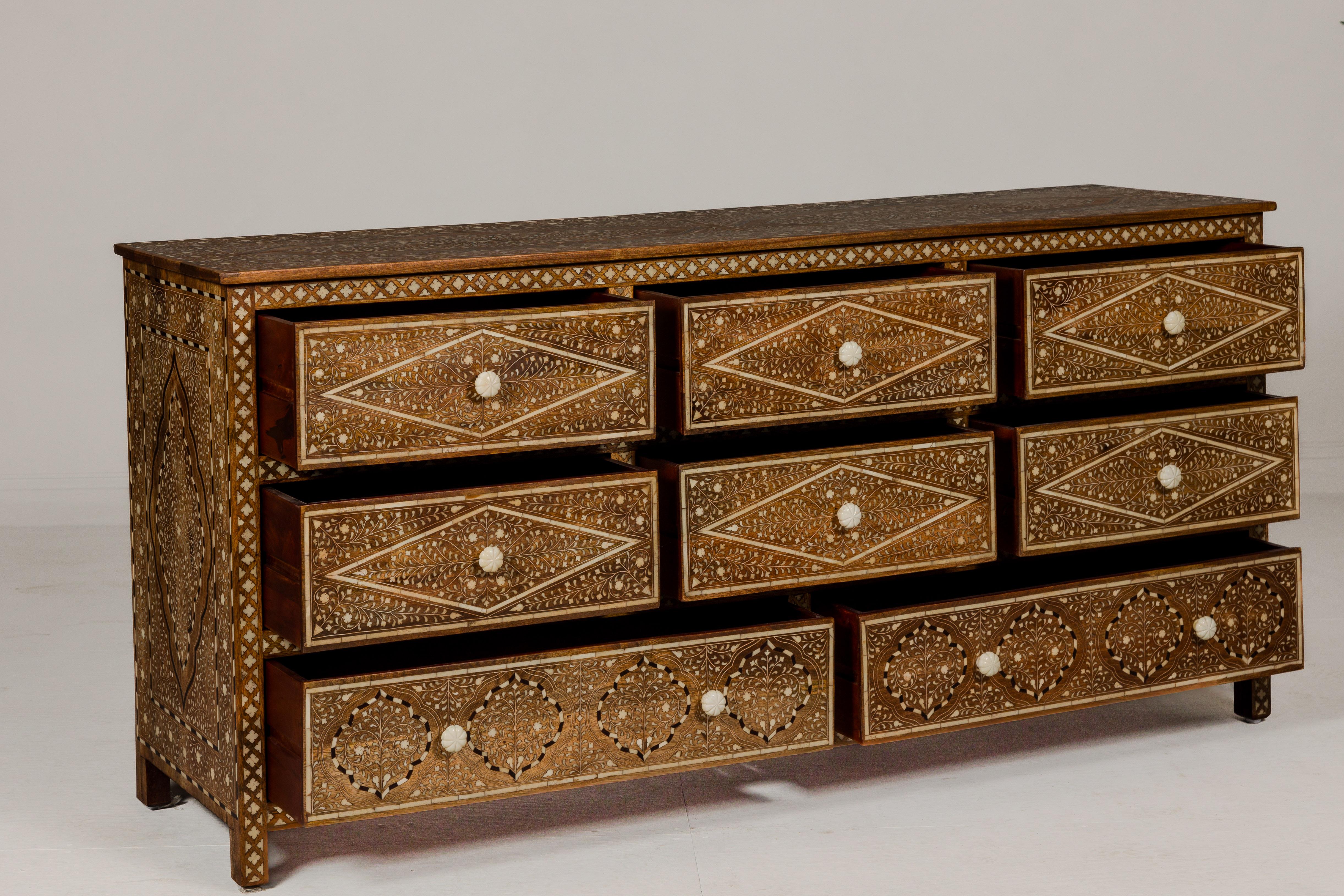 Anglo-Indian Style Mango Wood Dresser with Eight Drawers and Floral Bone Inlay 3