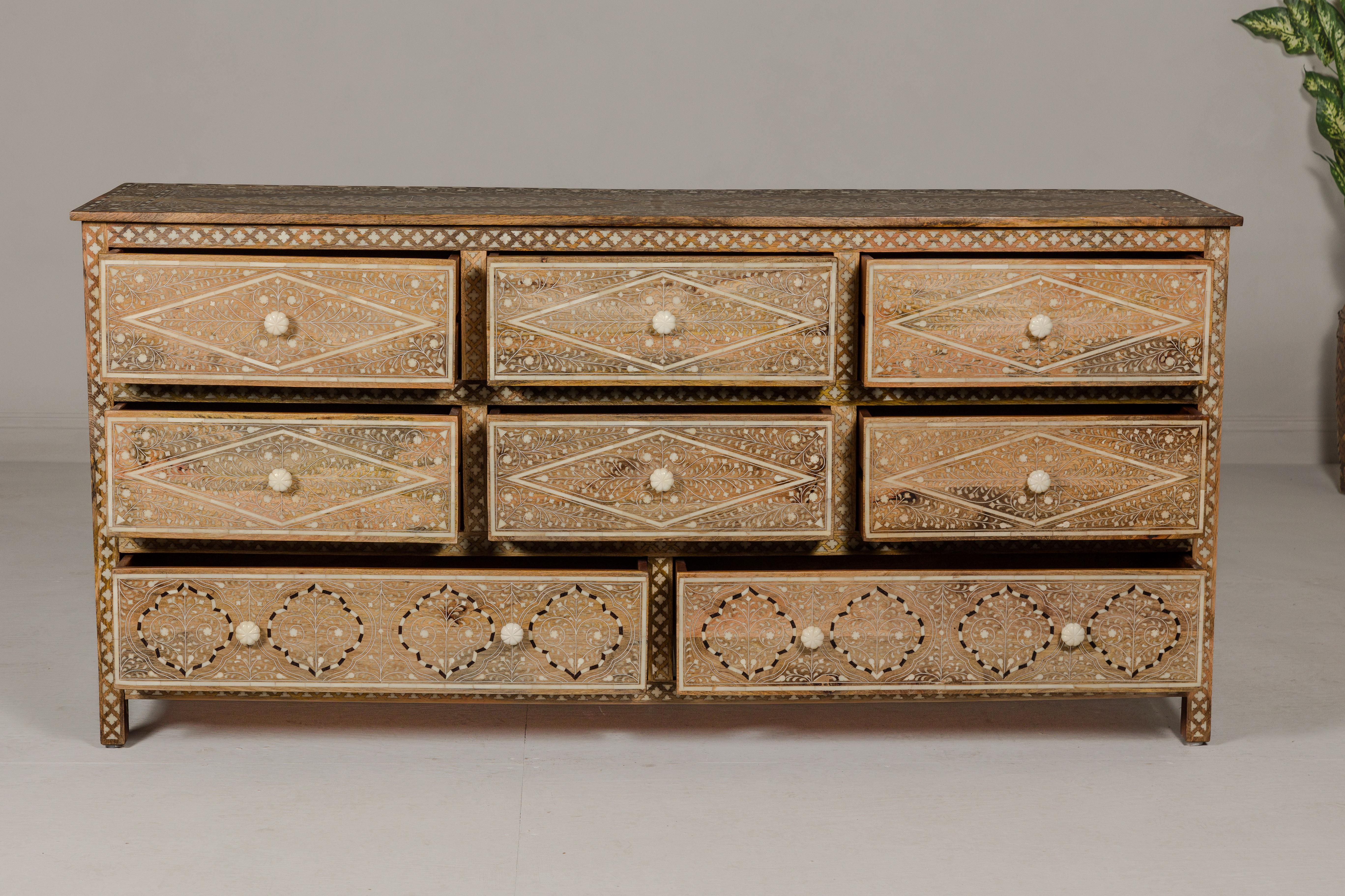 Anglo-Indian Style Mango Wood Dresser with Eight Drawers and Floral Bone Inlay 6