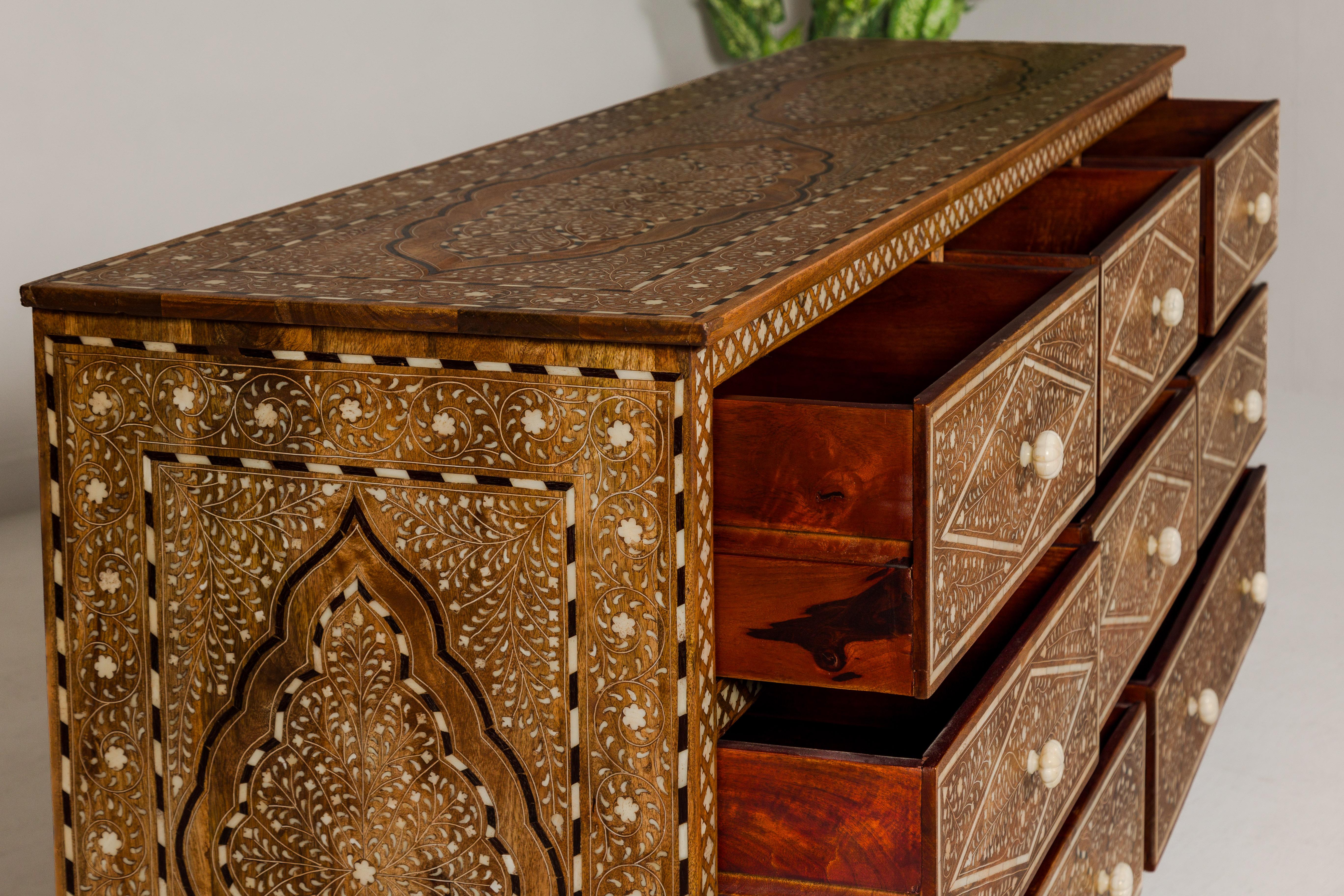 Anglo-Indian Style Mango Wood Dresser with Eight Drawers and Floral Bone Inlay 4