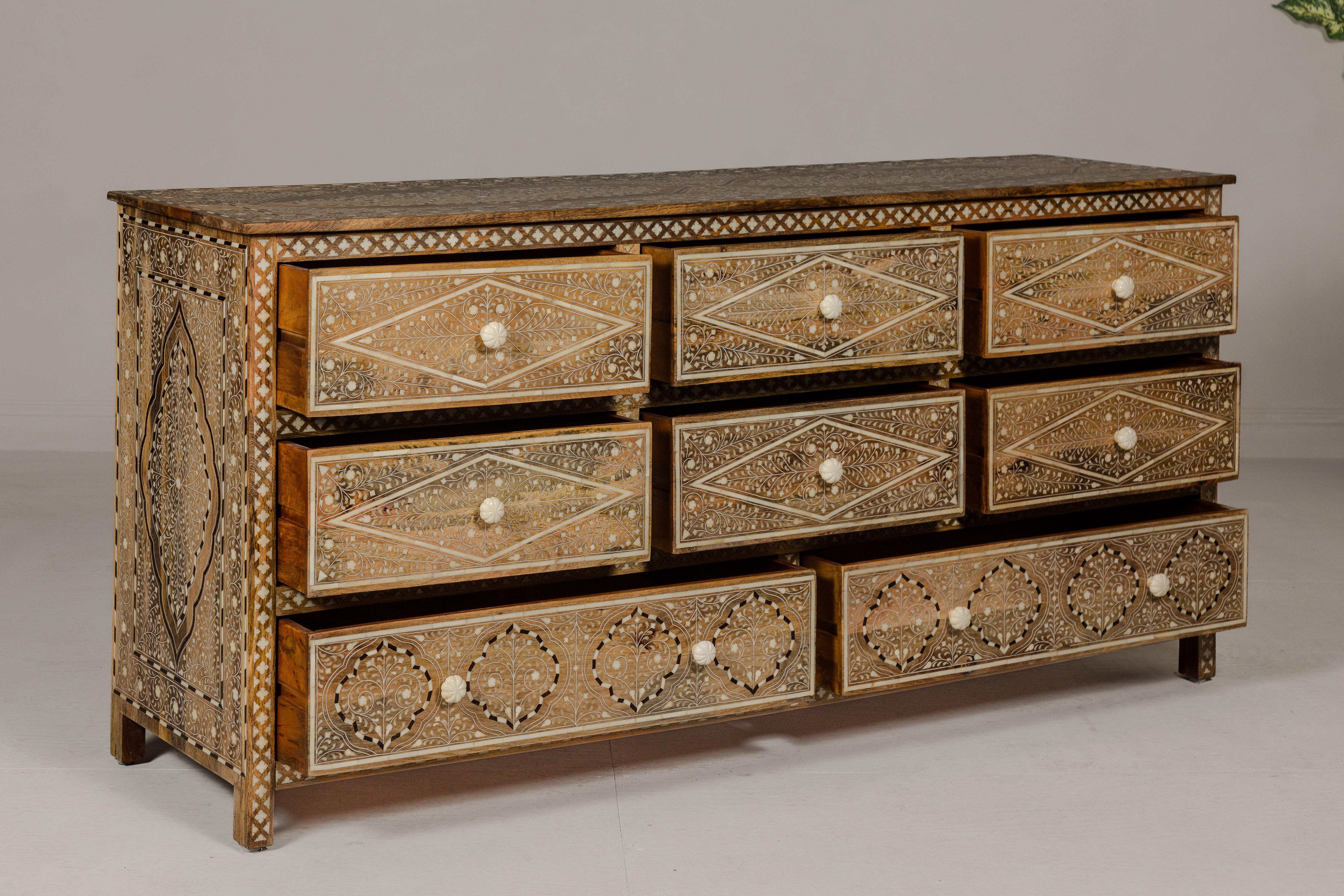 Anglo-Indian Style Mango Wood Dresser with Eight Drawers and Floral Bone Inlay 7