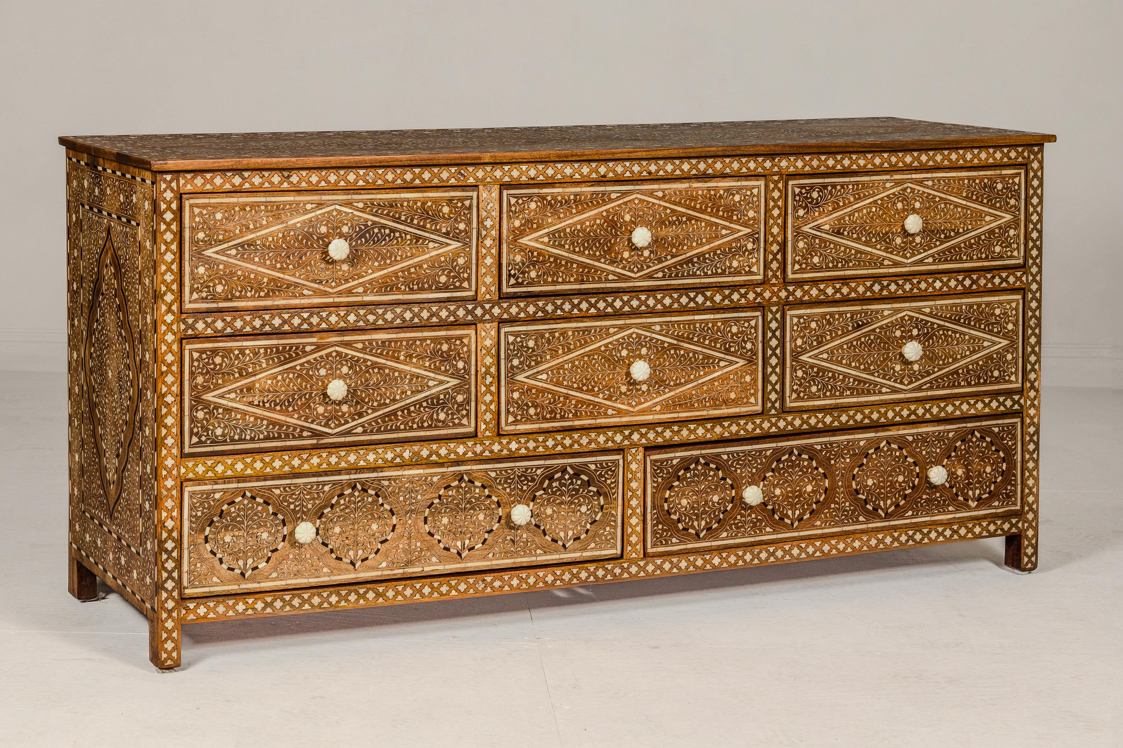 Anglo-Indian Style Mango Wood Dresser with Eight Drawers and Floral Bone Inlay 5
