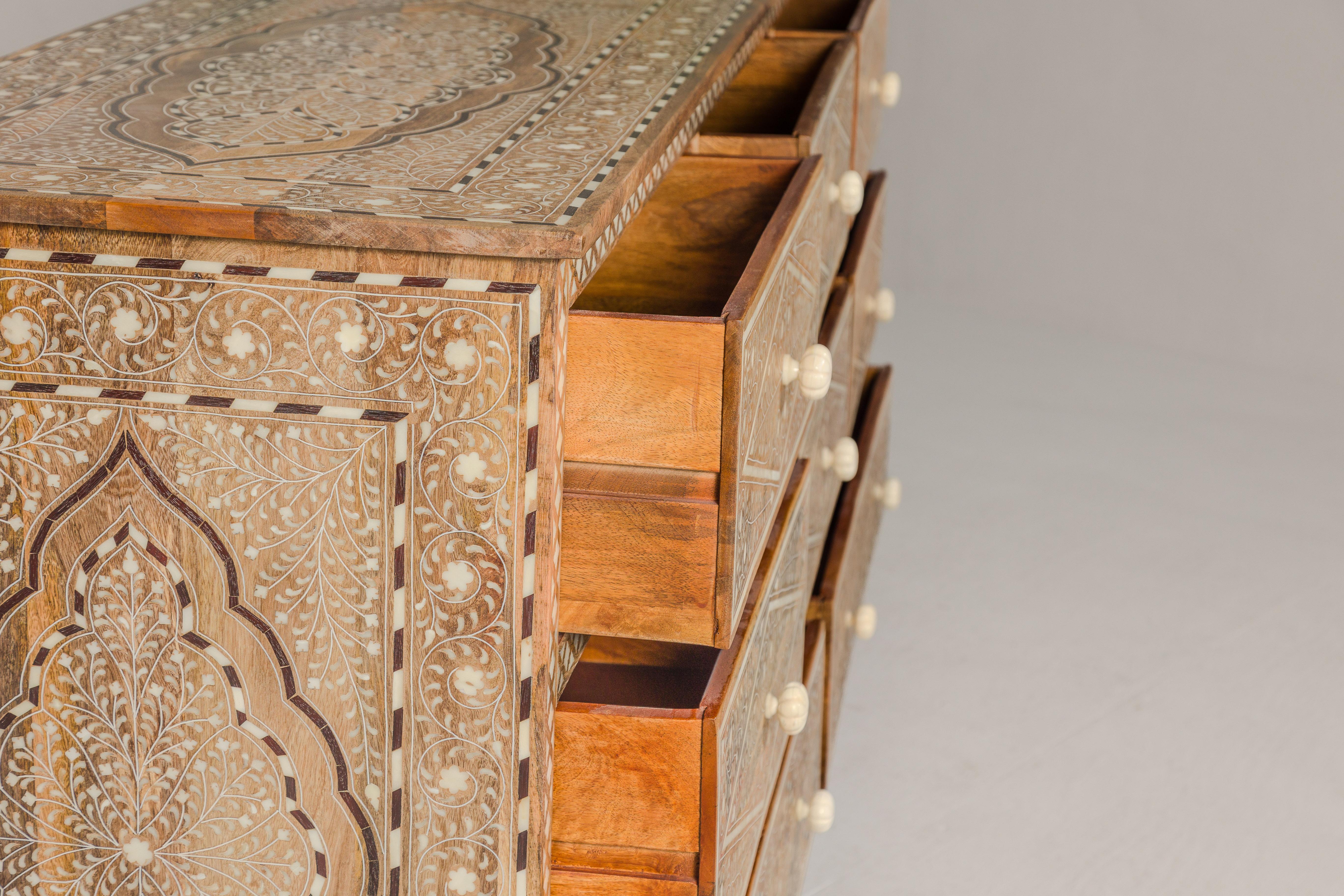 Anglo-Indian Style Mango Wood Dresser with Eight Drawers and Floral Bone Inlay 8